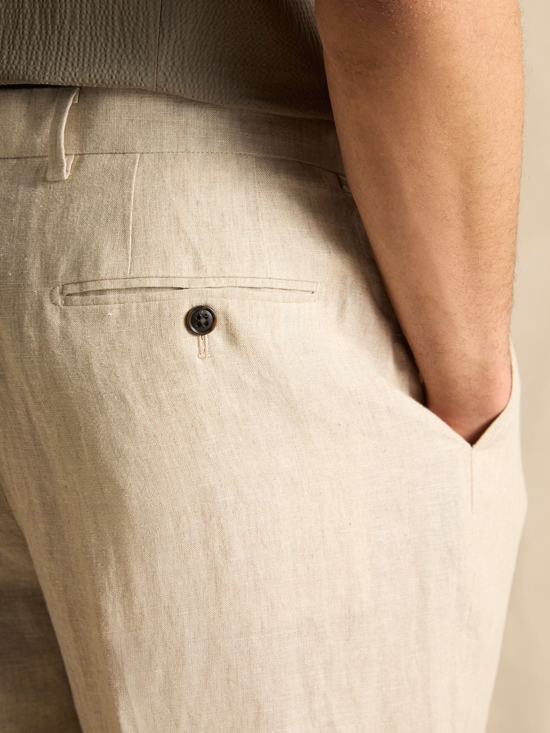 Stone Slim Fit 100% Linen Safari Suit Trousers - Image 7 of 9