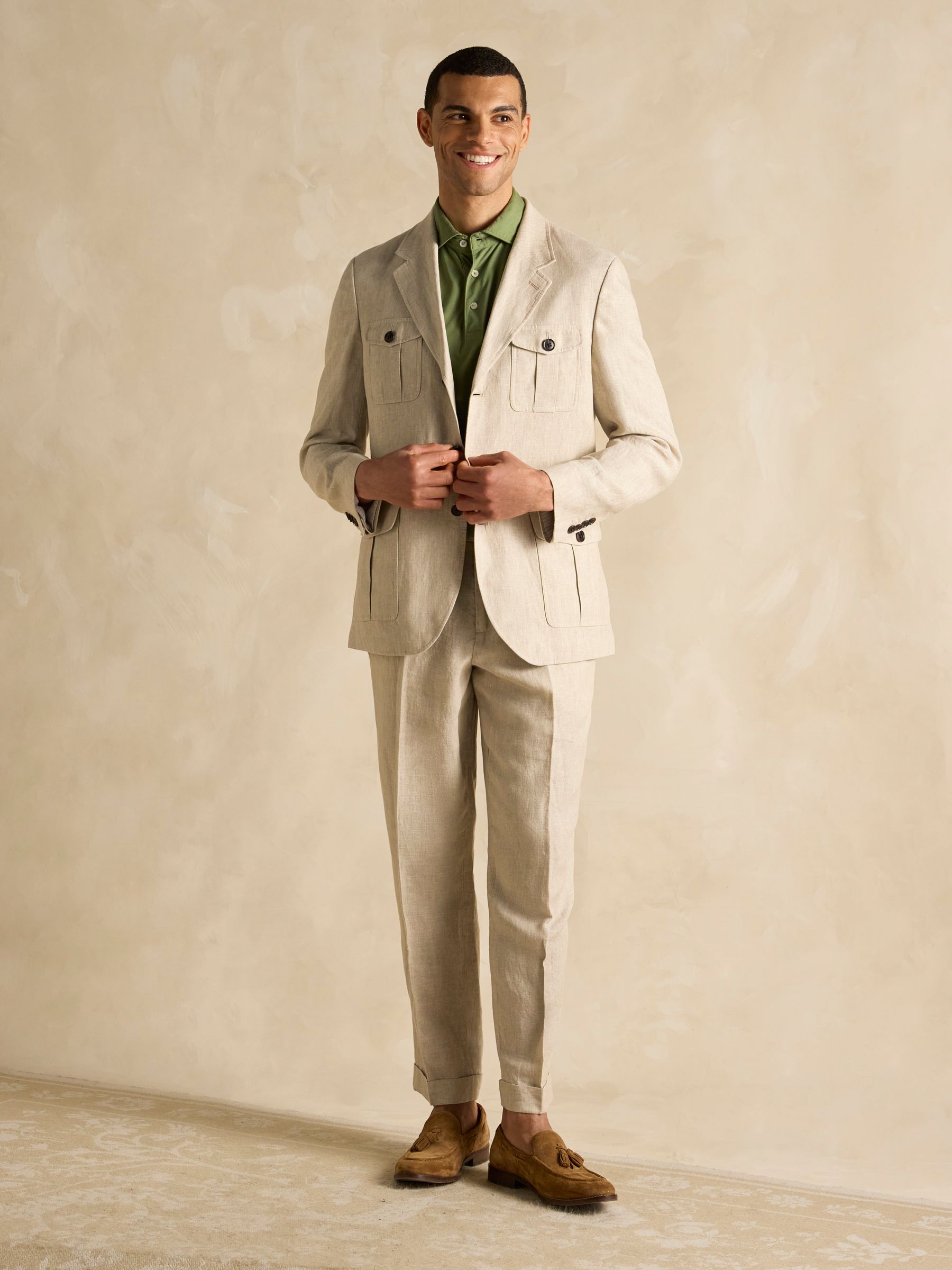 Stone Slim Fit 100% Linen Safari Suit Trousers - Image 8 of 9