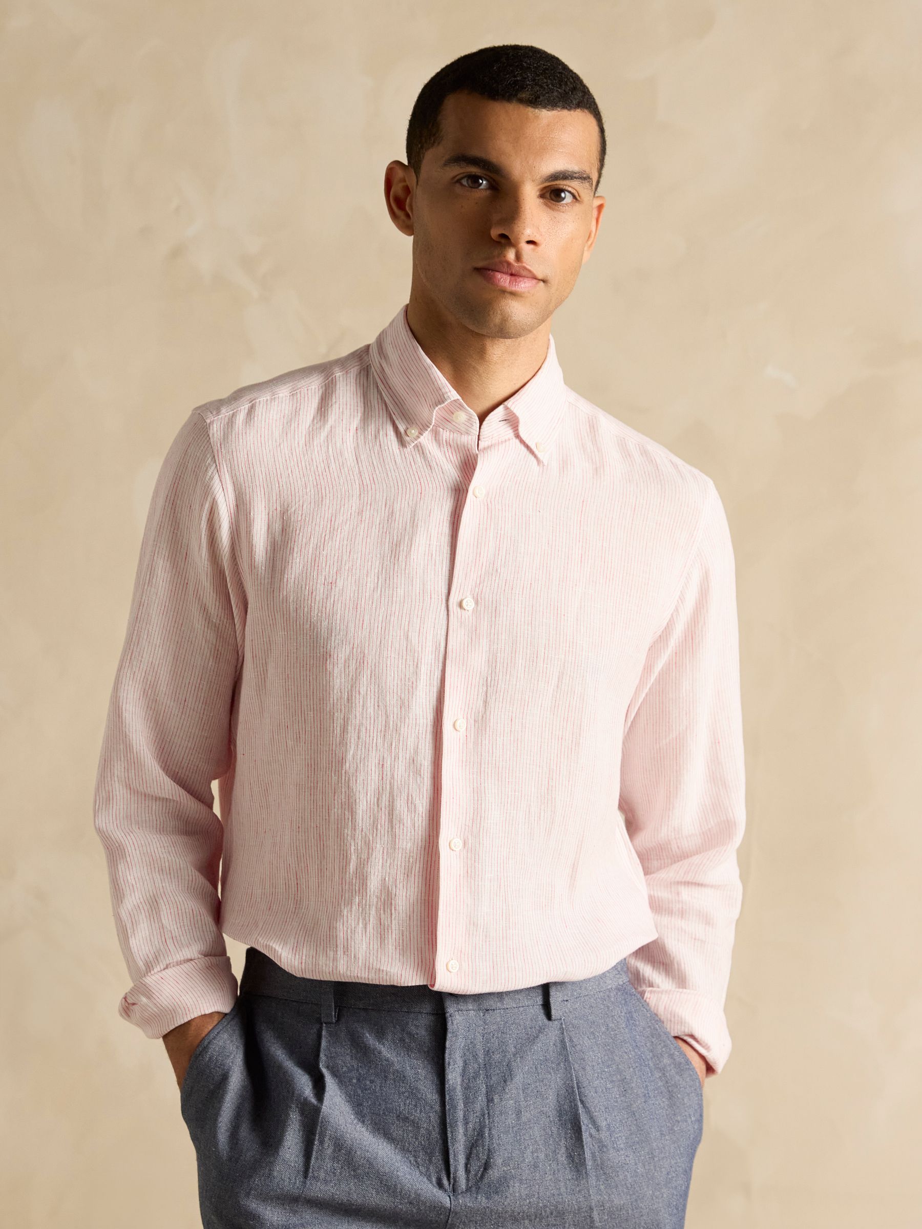 Pink Stripe Long Sleeve 100% Linen Shirt - Image 7 of 10