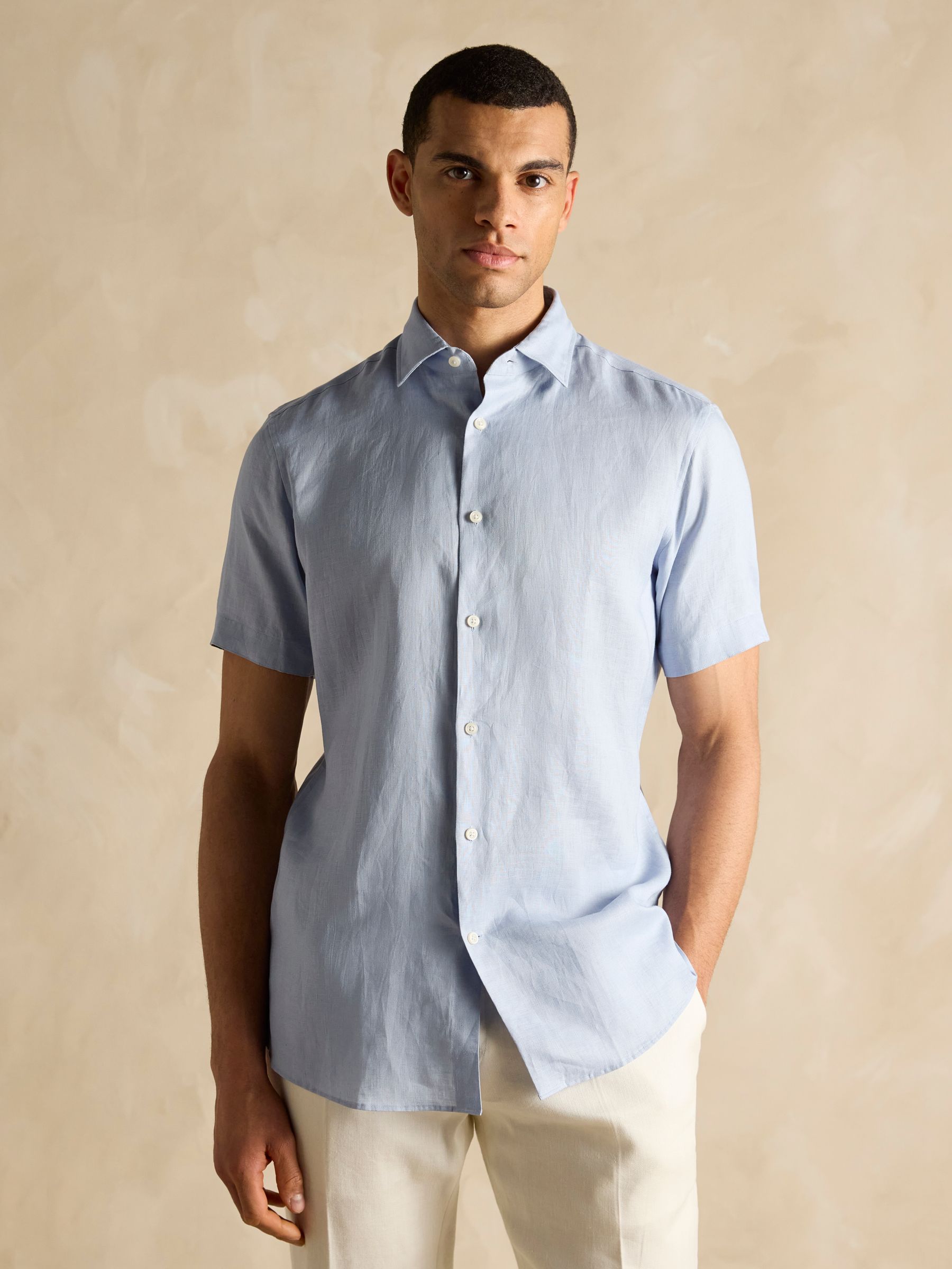 Blue Short Sleeve 100% Linen Shirt - Image 1 of 7