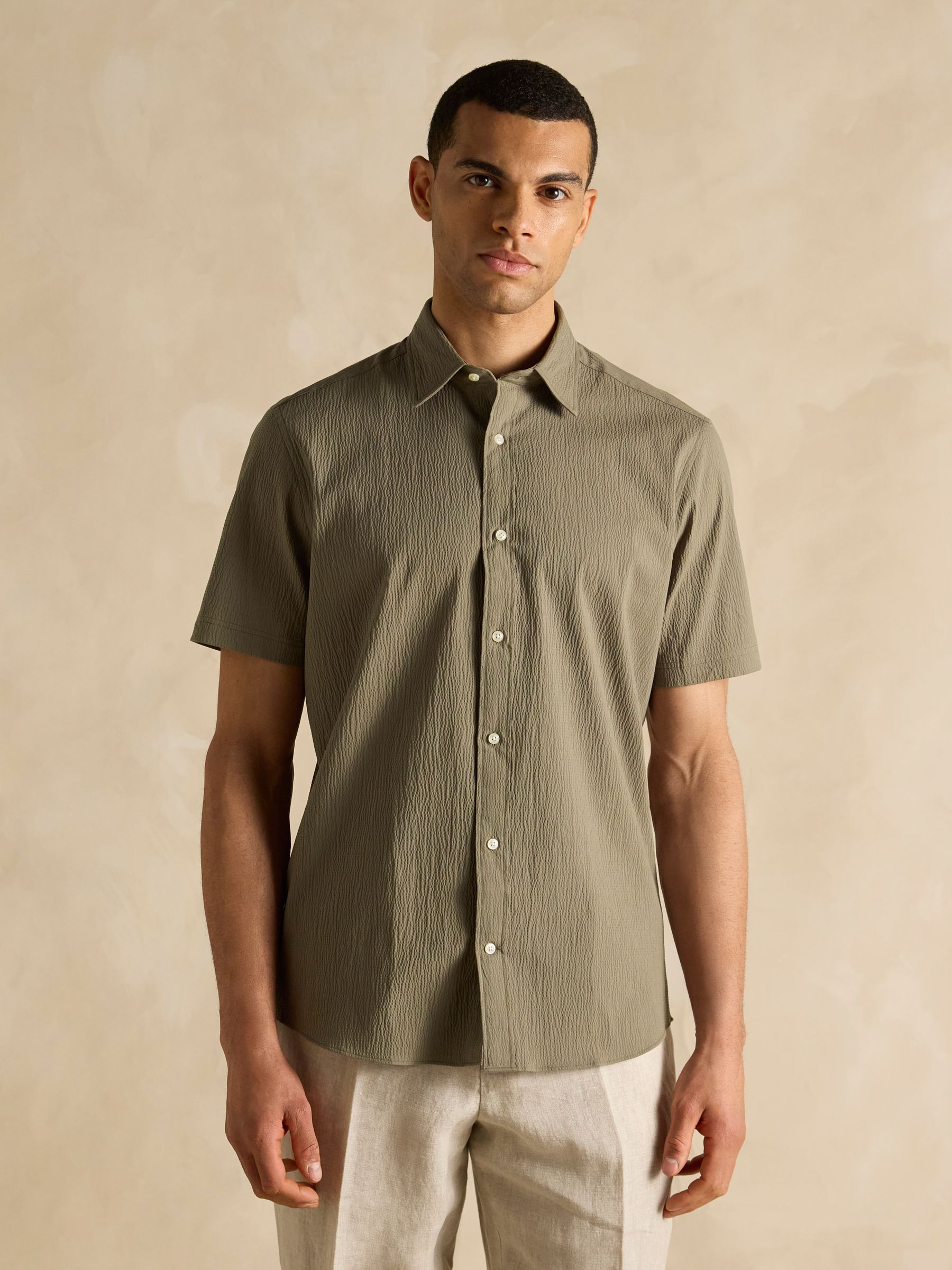 Olive Green Short Sleeve Seersucker Shirt - Image 2 of 8