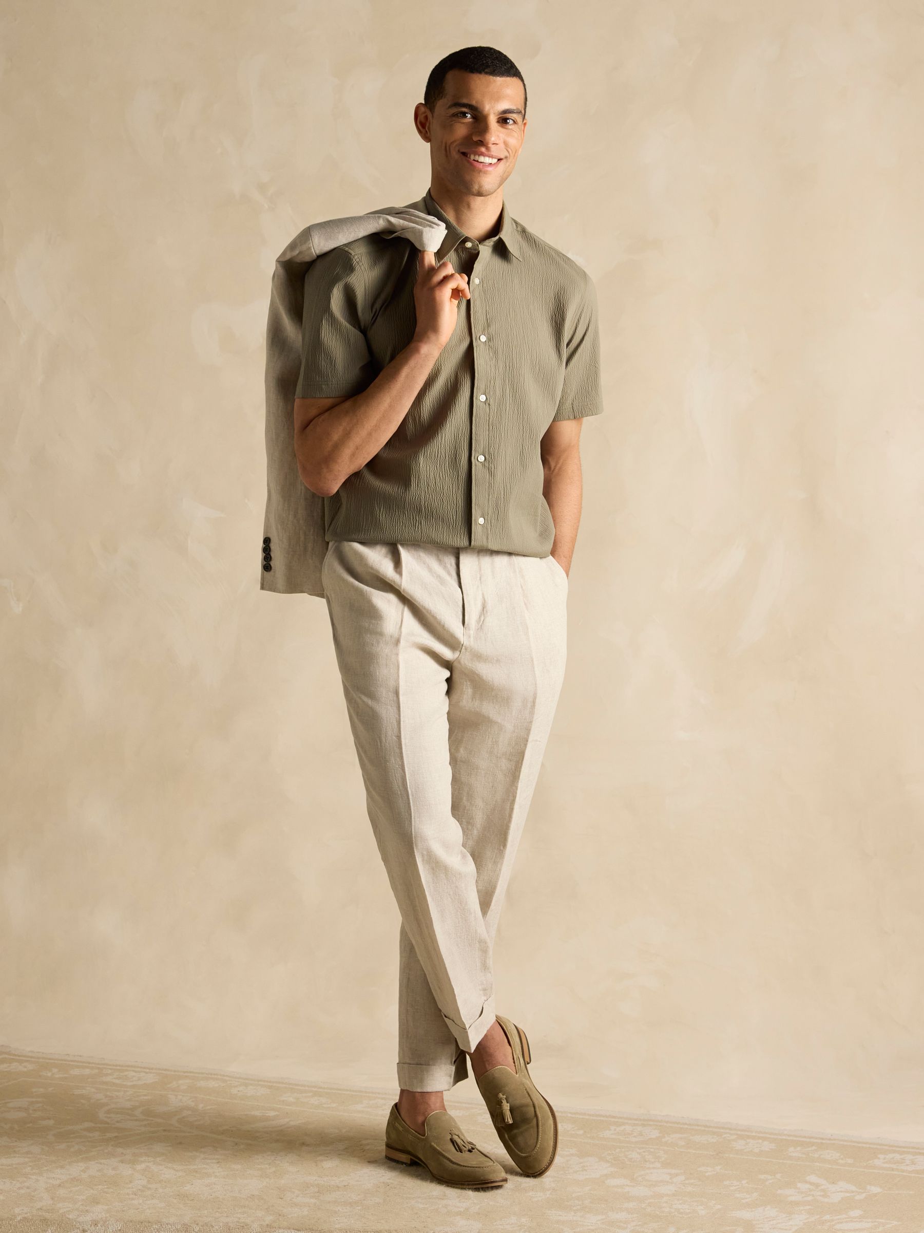 Olive Green Short Sleeve Seersucker Shirt - Image 4 of 8