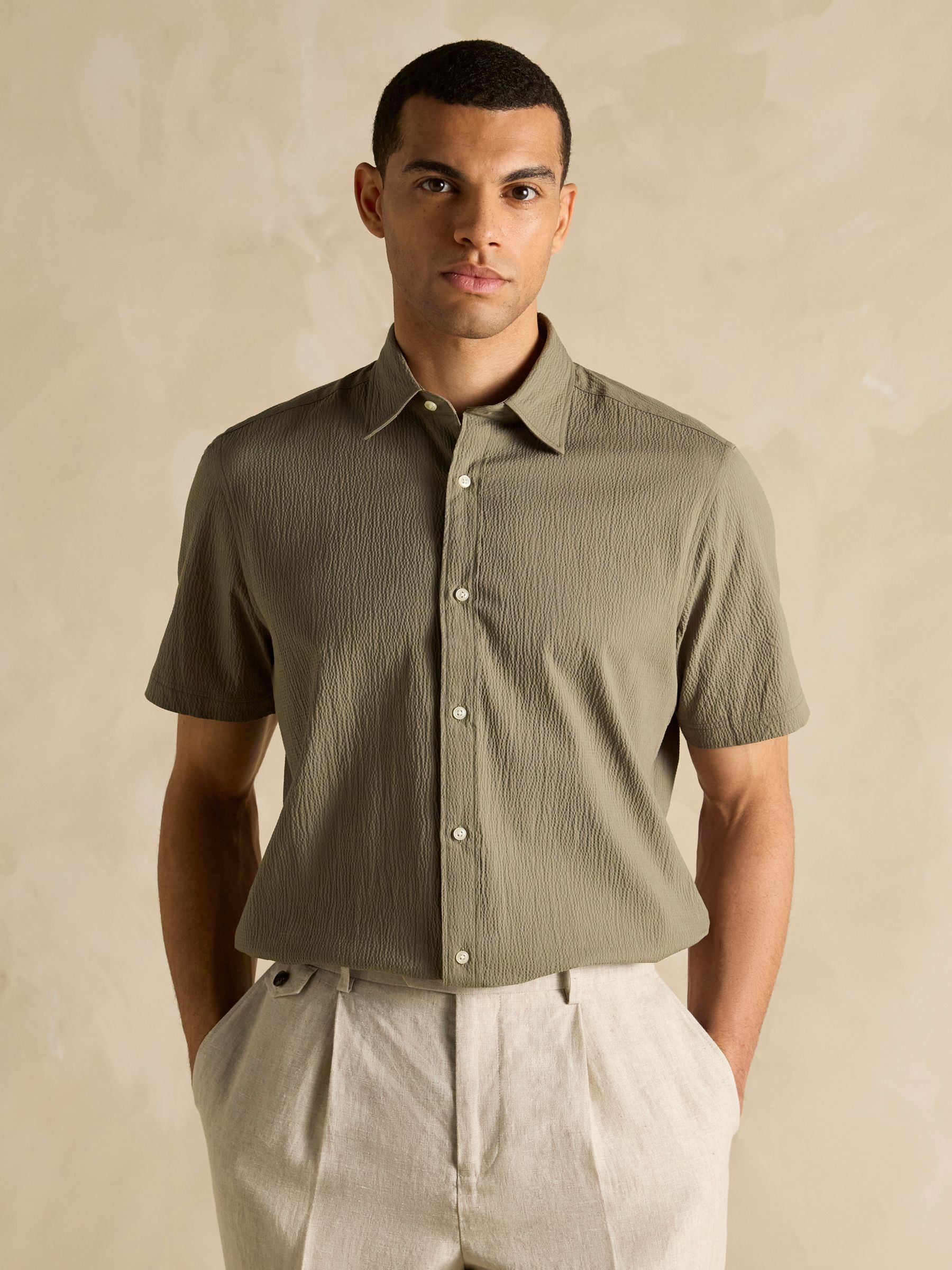 Olive Green Short Sleeve Seersucker Shirt - Image 7 of 8
