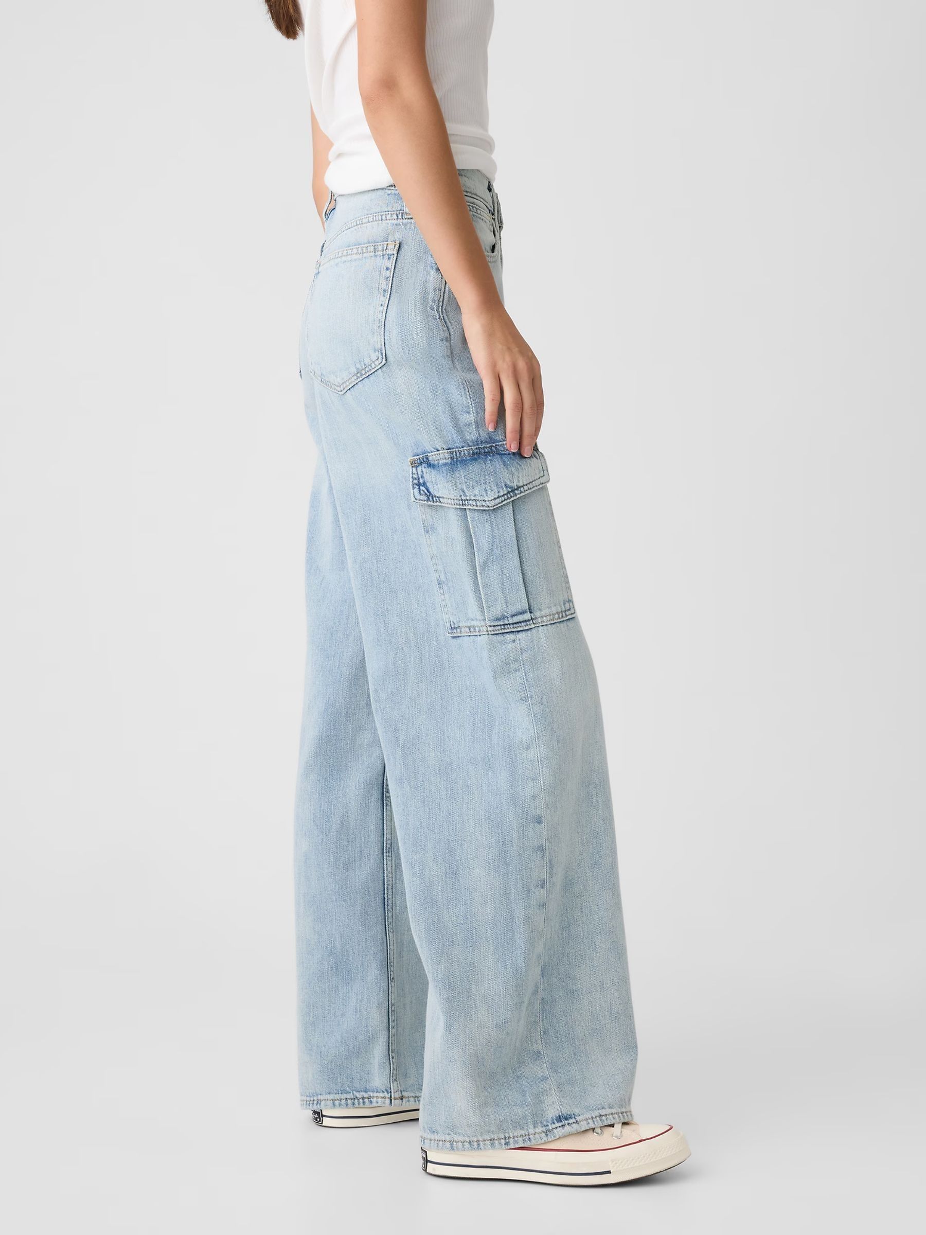 Blue High Waisted Wide Leg Cargo Jeans - Image 4 of 6