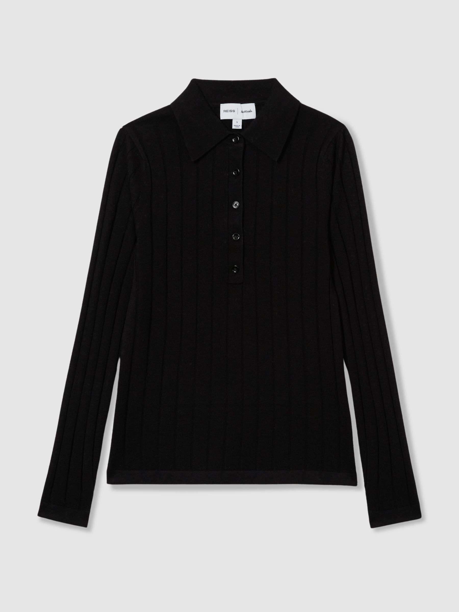 Reiss | Les 100 Ciels Wool and Silk Polo Shirt in Black - Image 2 of 5