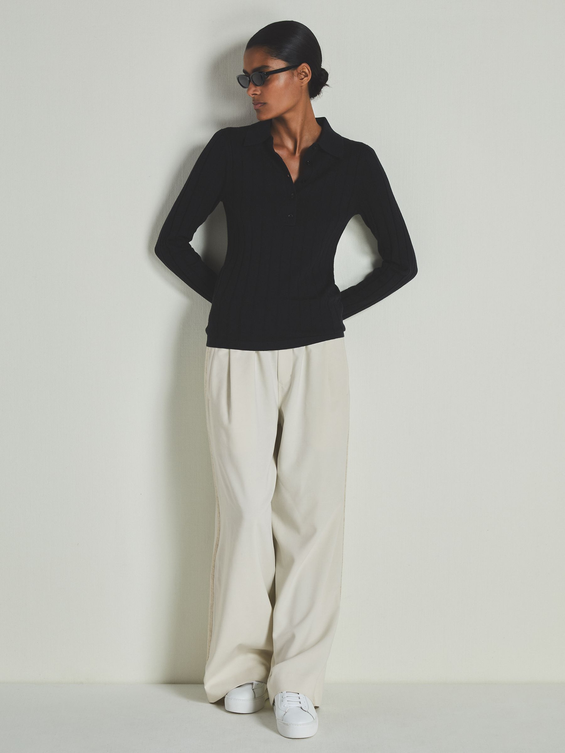 Reiss | Les 100 Ciels Wool and Silk Polo Shirt in Black - Image 3 of 5