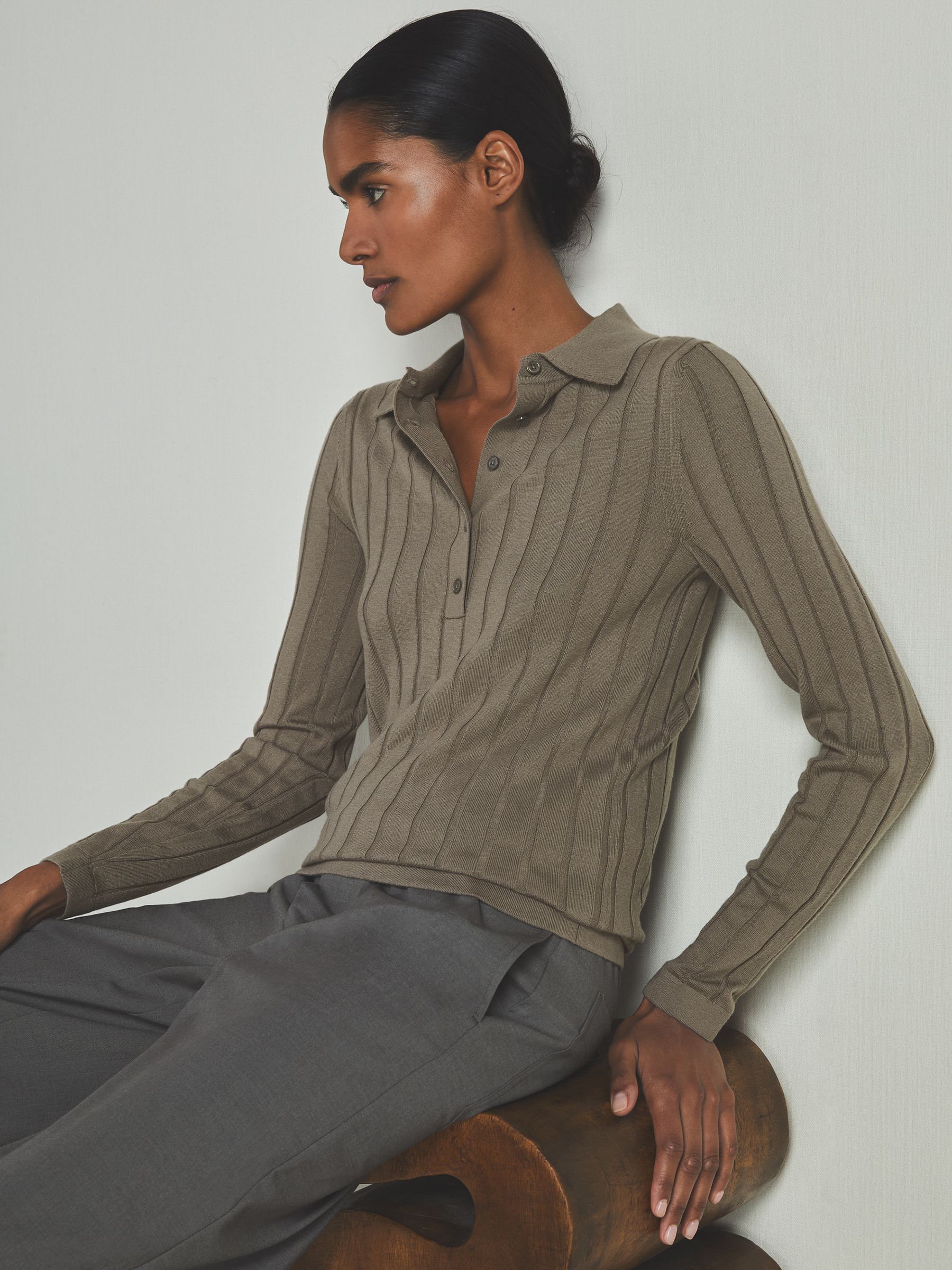 Reiss | Les 100 Ciels Wool and Silk Polo Shirt in Dark Mink - Image 1 of 6