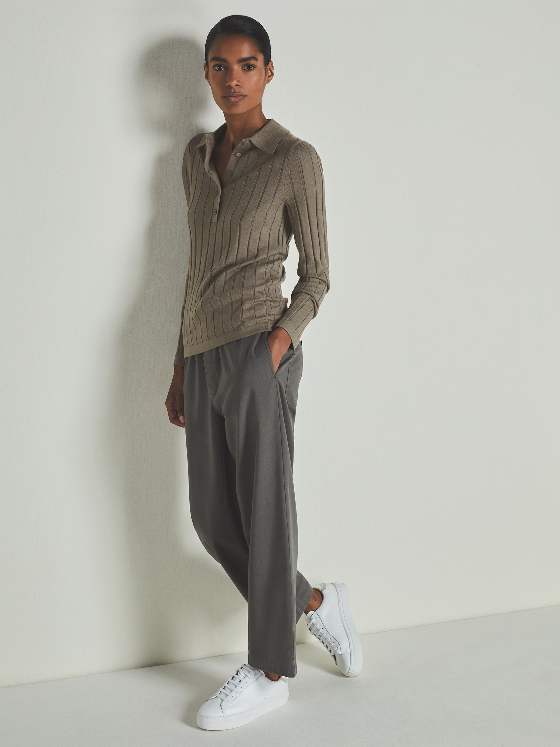 Reiss | Les 100 Ciels Wool and Silk Polo Shirt in Dark Mink - Image 3 of 6