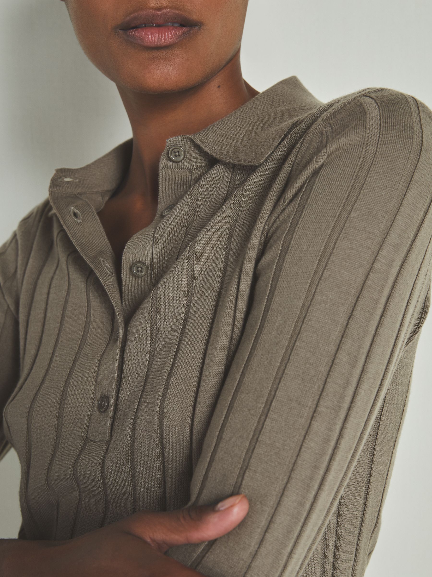Reiss | Les 100 Ciels Wool and Silk Polo Shirt in Dark Mink - Image 4 of 6