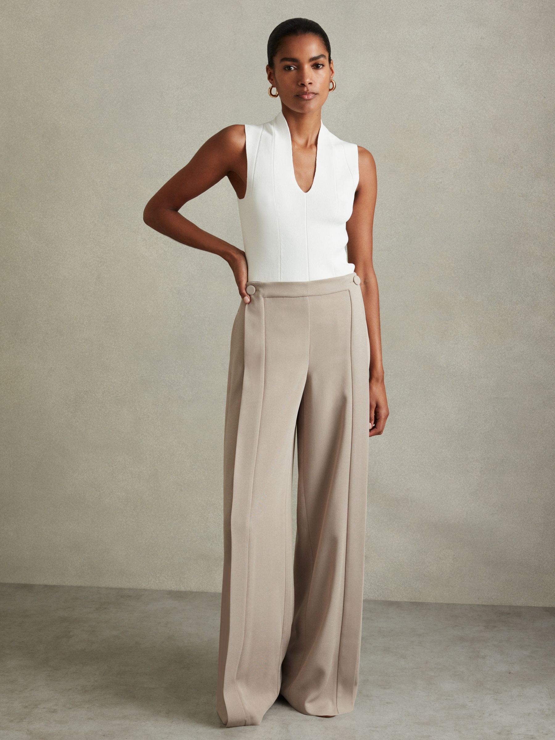 Button-Front Wide Leg Trousers in Stone - Image 1 of 6