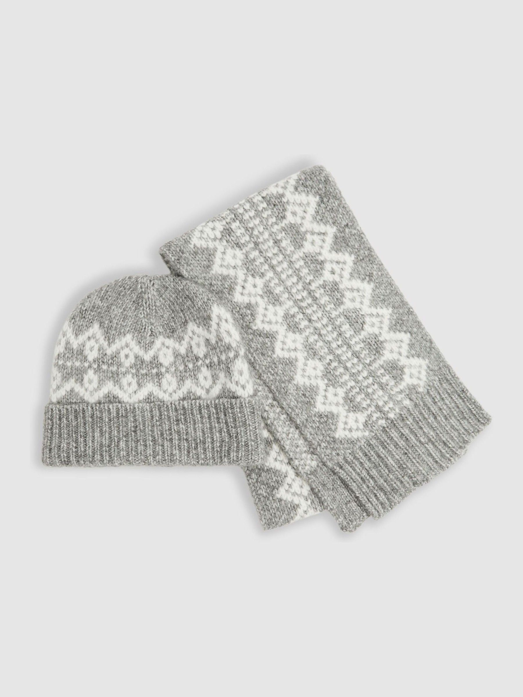 Fair Isle Hat and Scarf Set in Grey Melange - Image 1 of 4