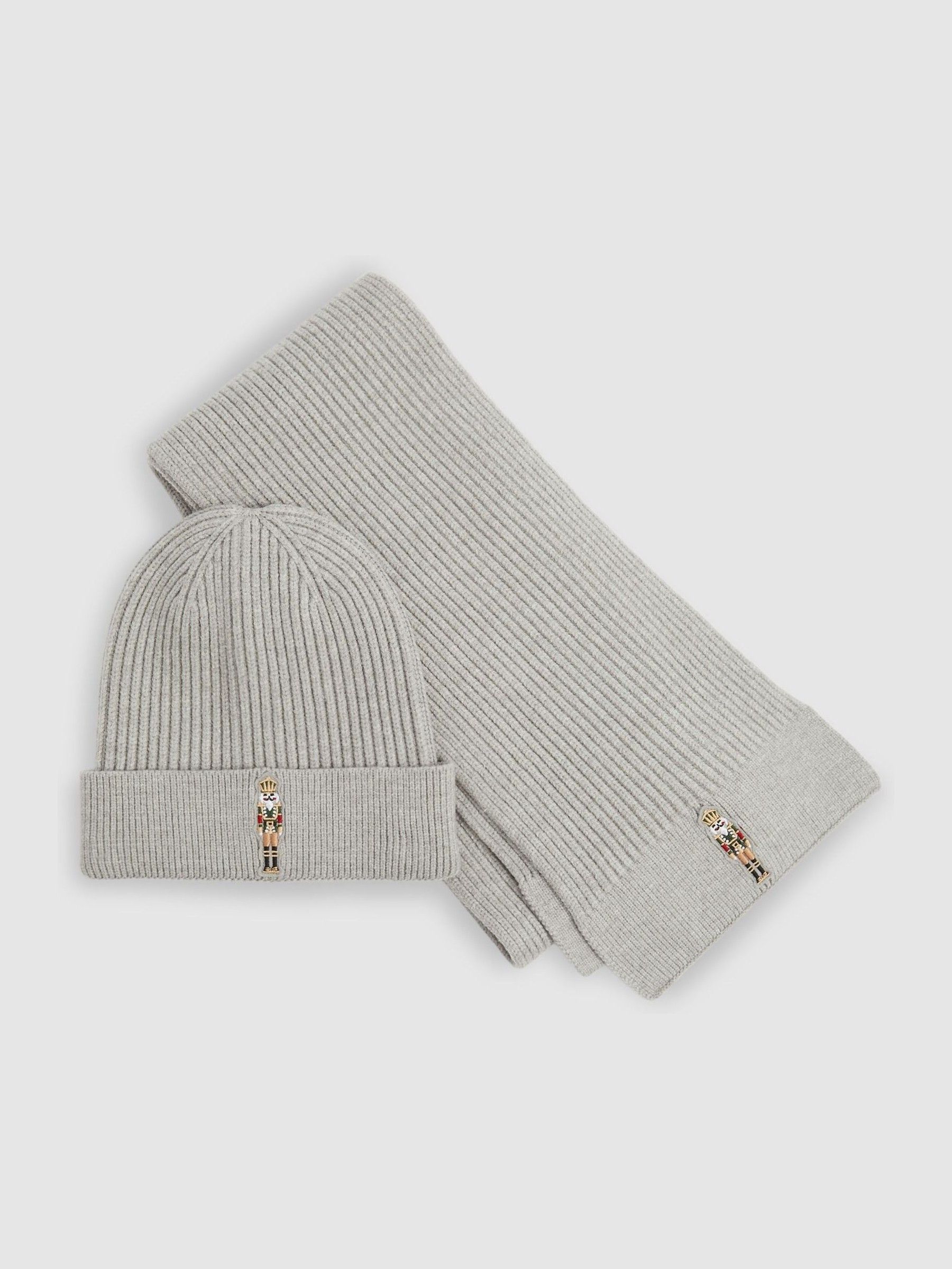 Nutcracker-Embroidered Hat and Scarf Set in Soft Grey Melange - Image 1 of 4