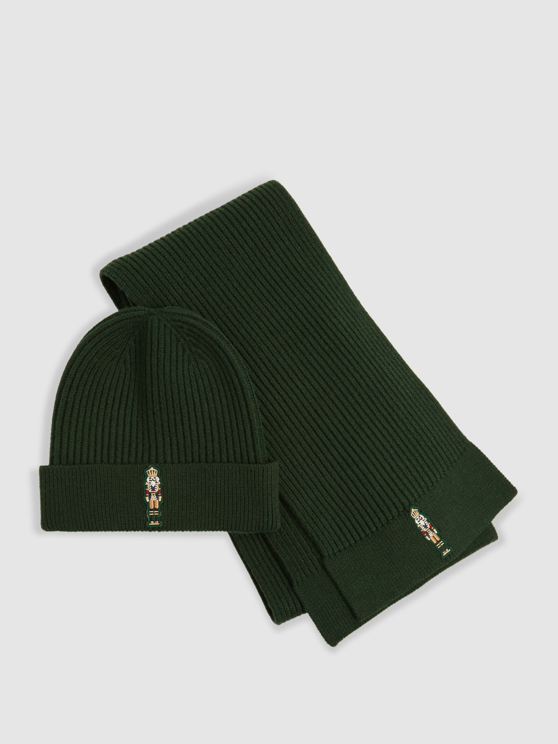 Nutcracker-Embroidered Hat and Scarf Set in Emerald Green - Image 1 of 4