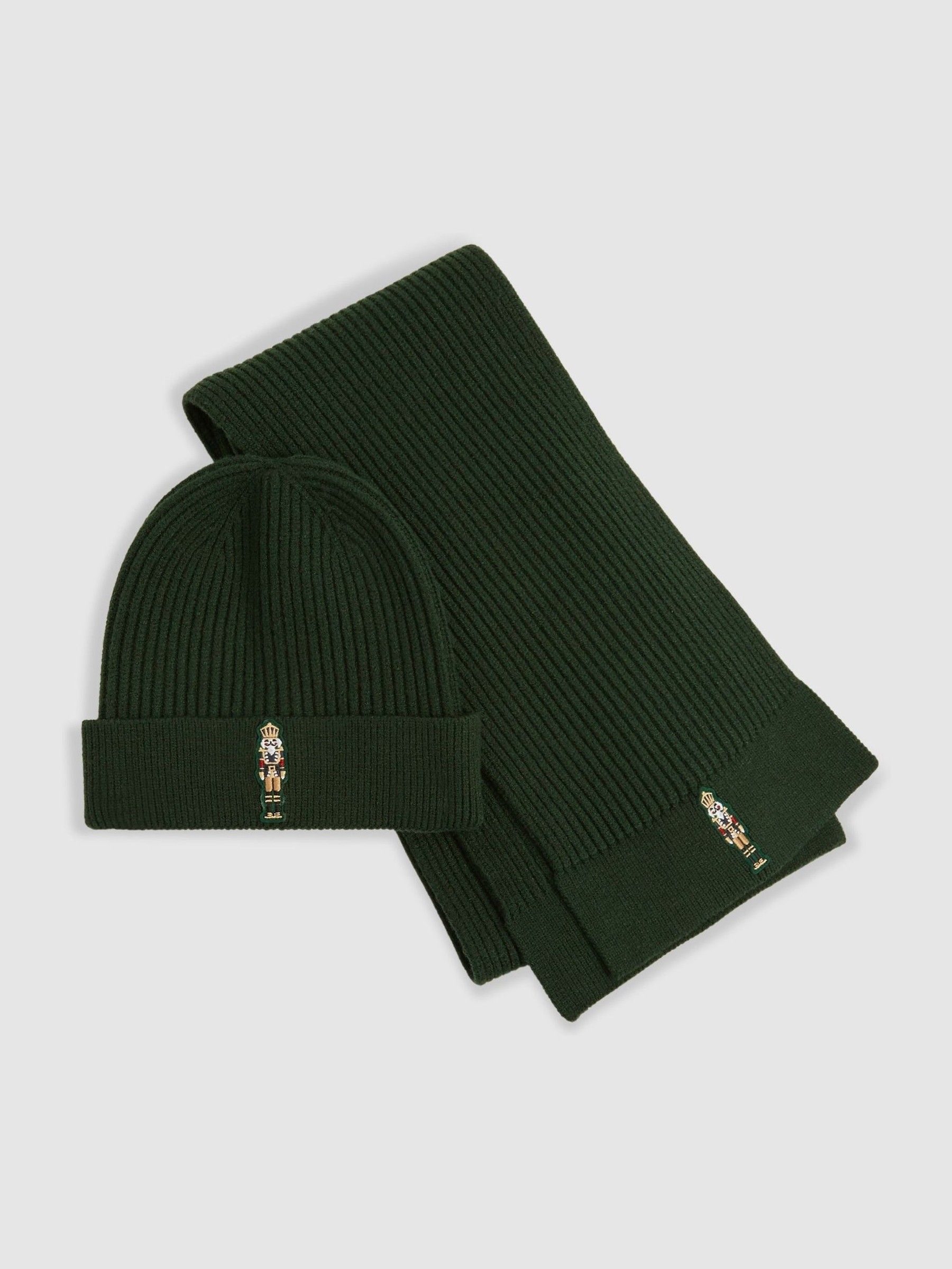 Nutcracker-Embroidered Hat and Scarf Set in Emerald Green - Image 1 of 4