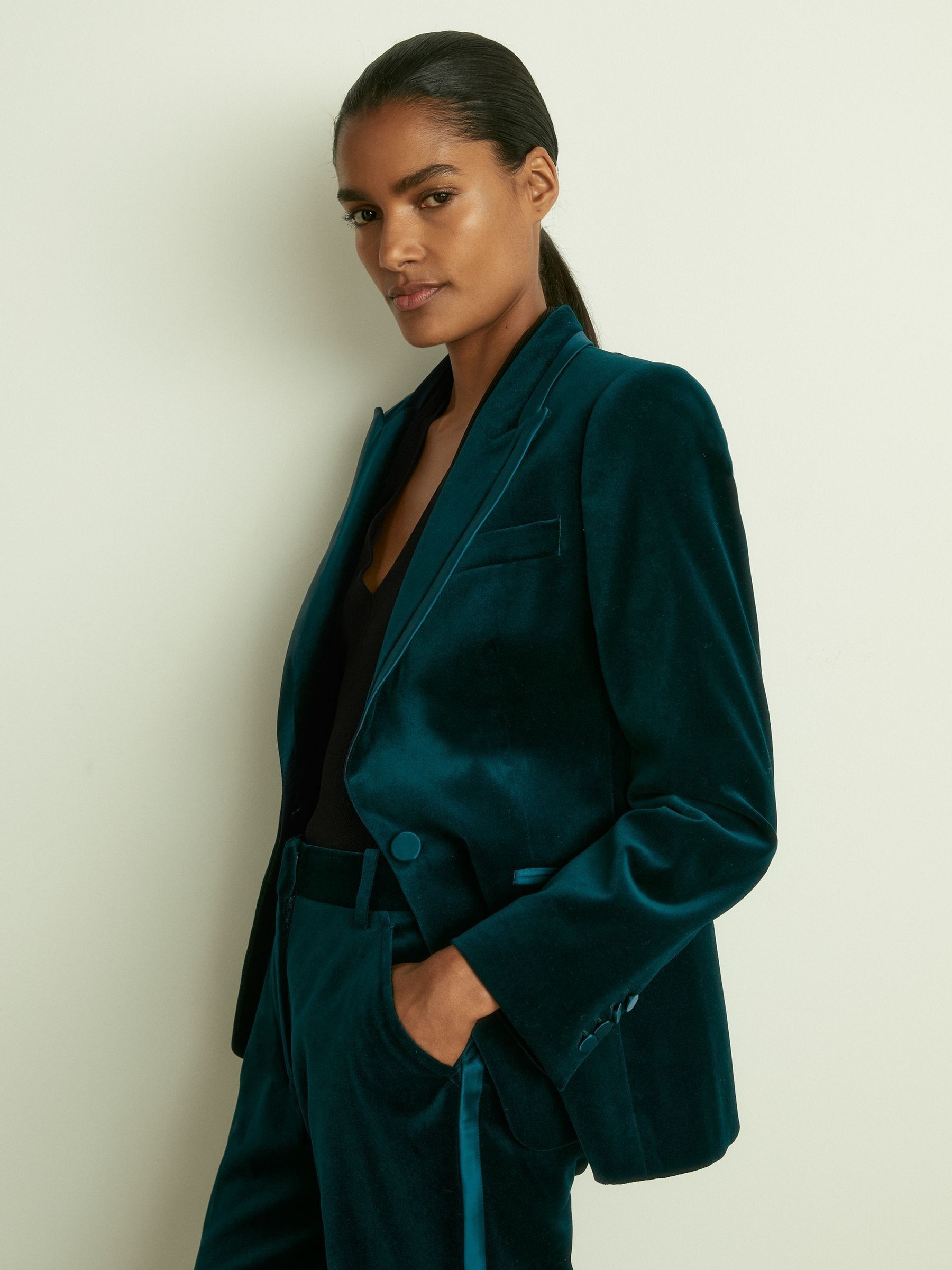 Velvet Flared Suit Trousers in Teal - Image 3 of 7