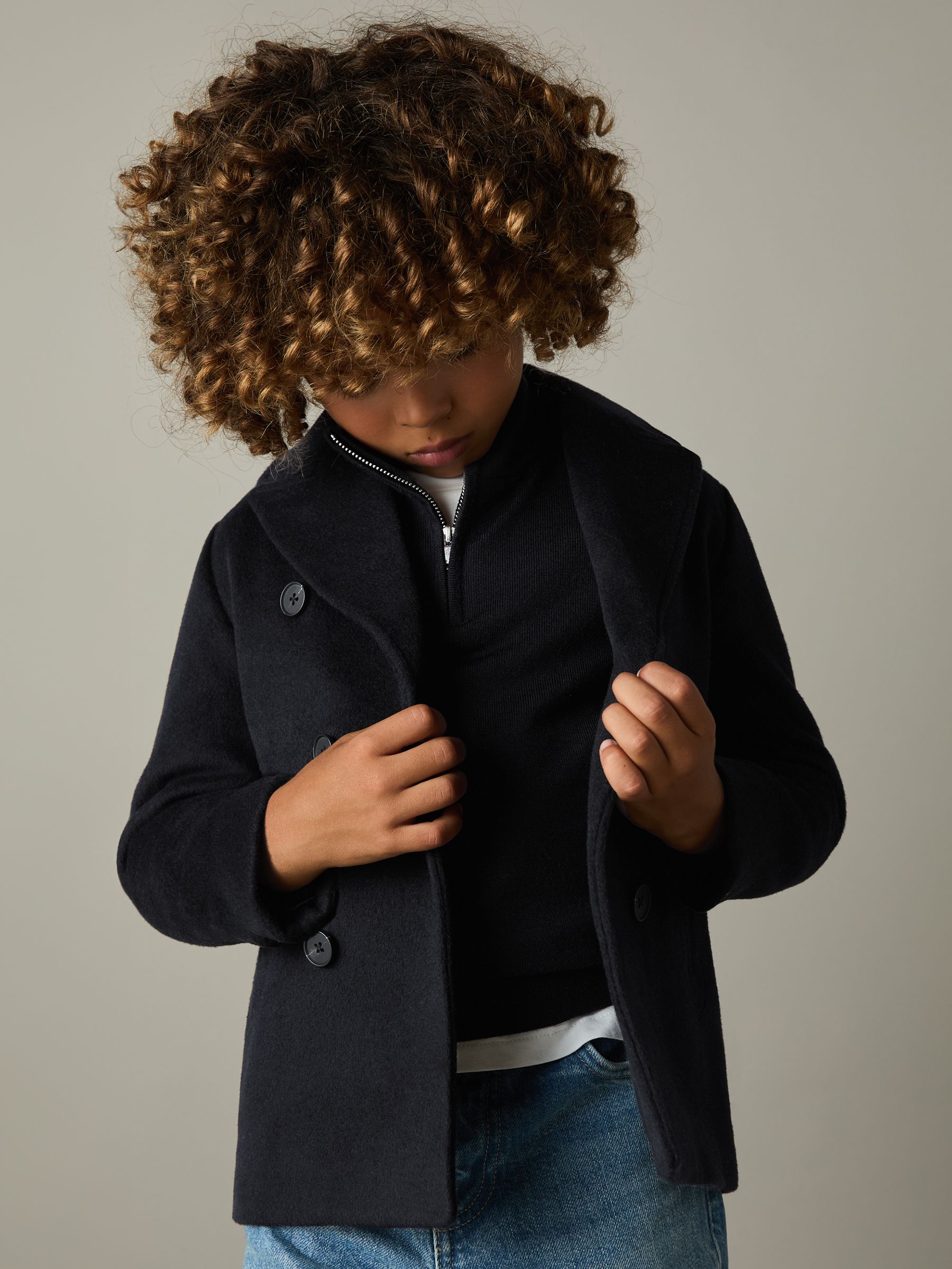 3-9 yrs Wool-Blend Twill Double-Breasted Coat in Navy - Image 3 of 5
