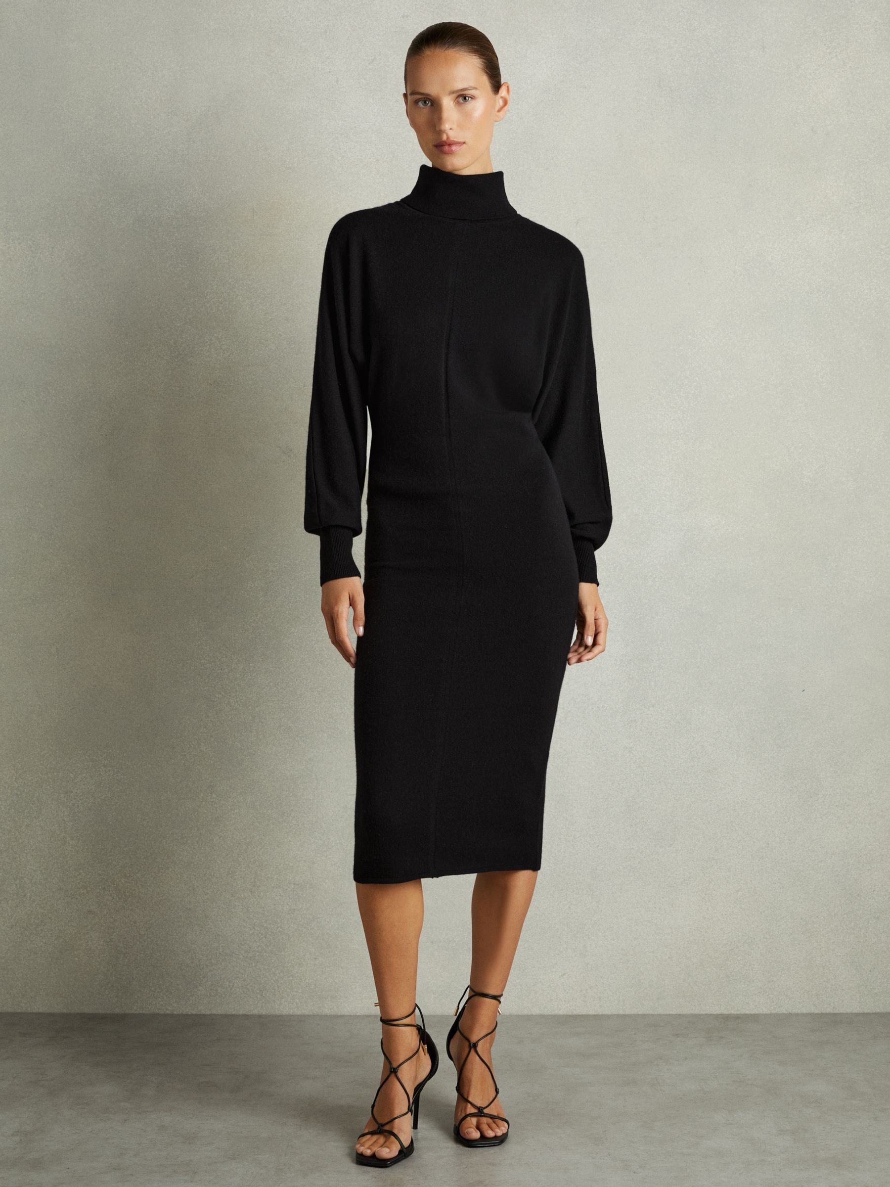 Reiss Roll-Neck Knitted Midi Dress With Cashmere in Black - REISS