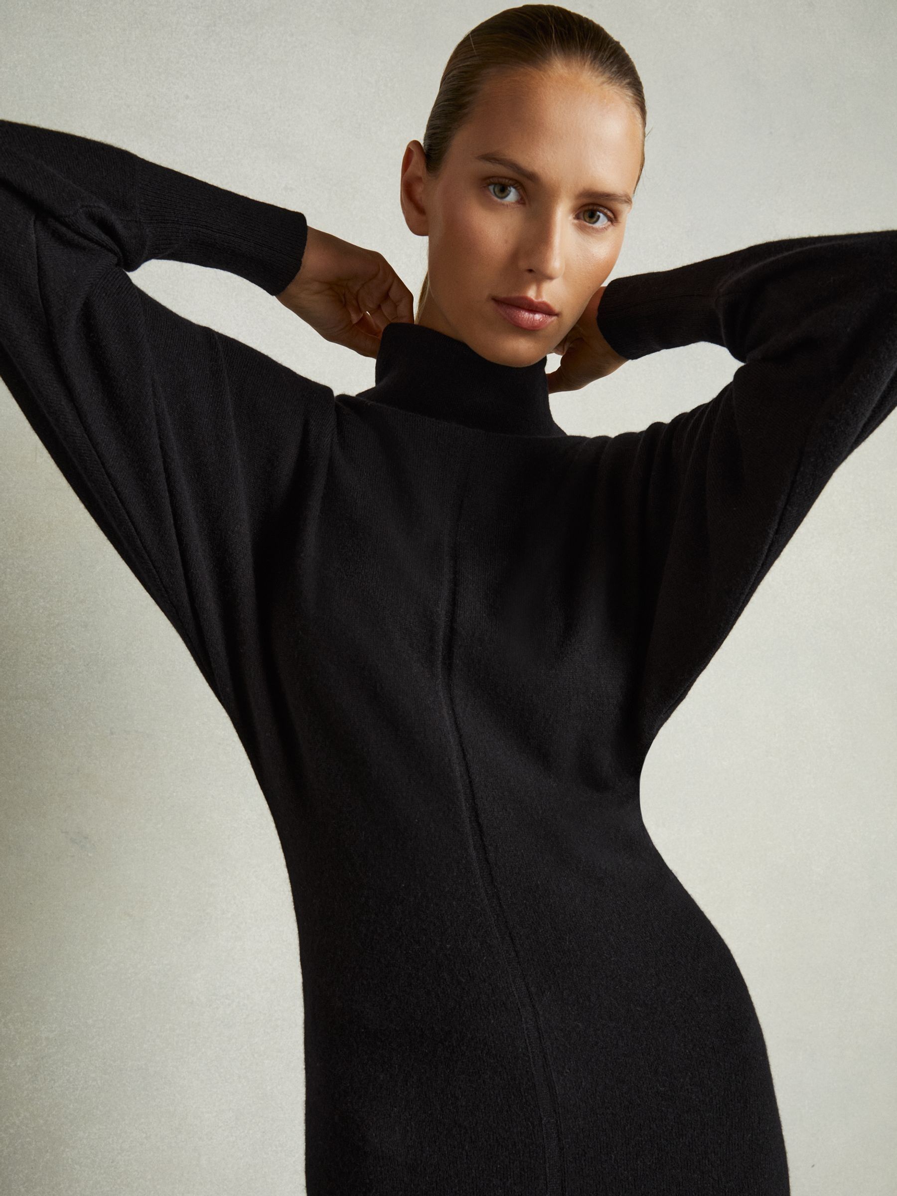 Roll-Neck Knitted Midi Dress With Cashmere in Black - Image 4 of 7