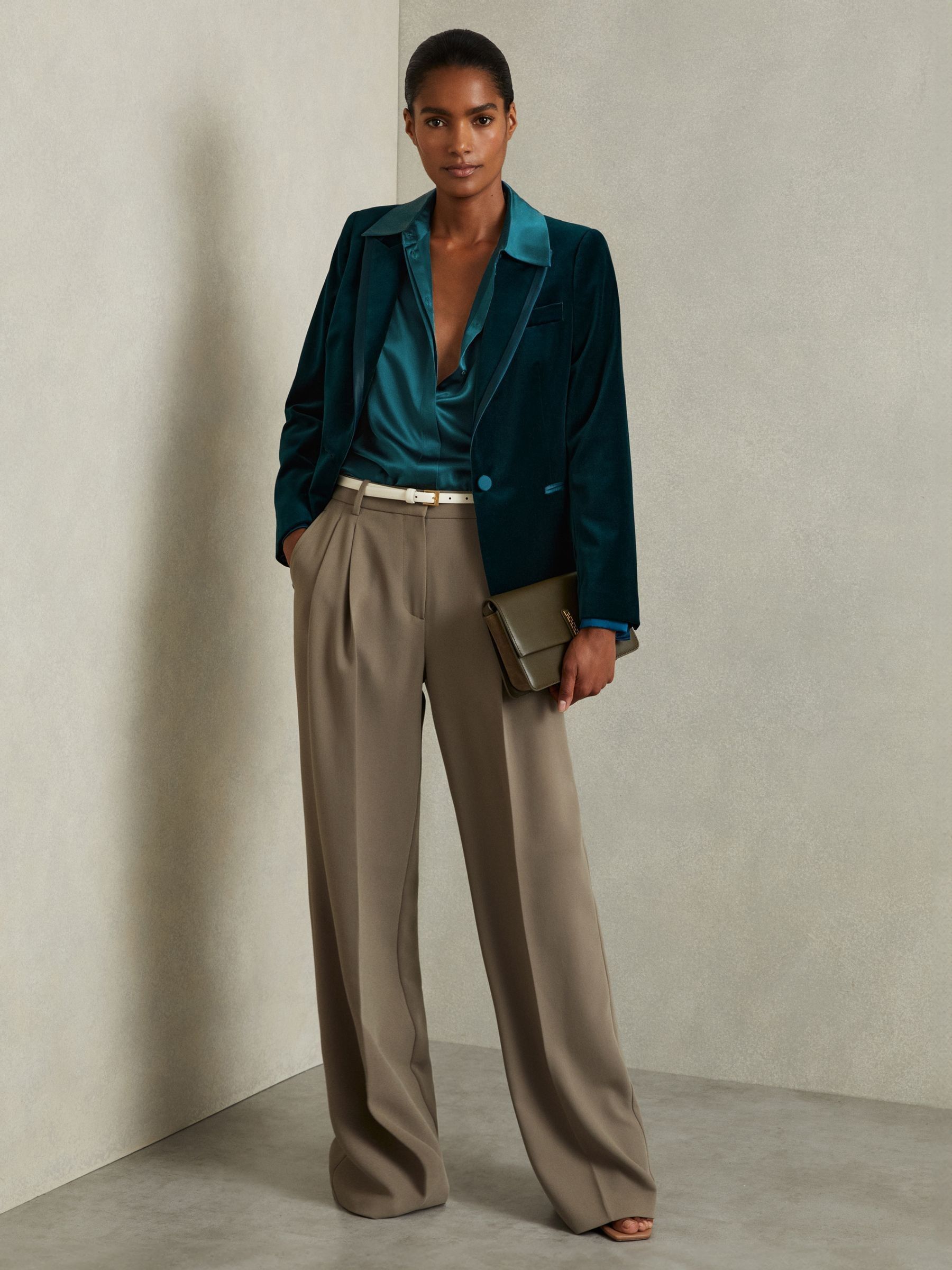 Velvet Single Breasted Suit Blazer in Teal - Image 1 of 8