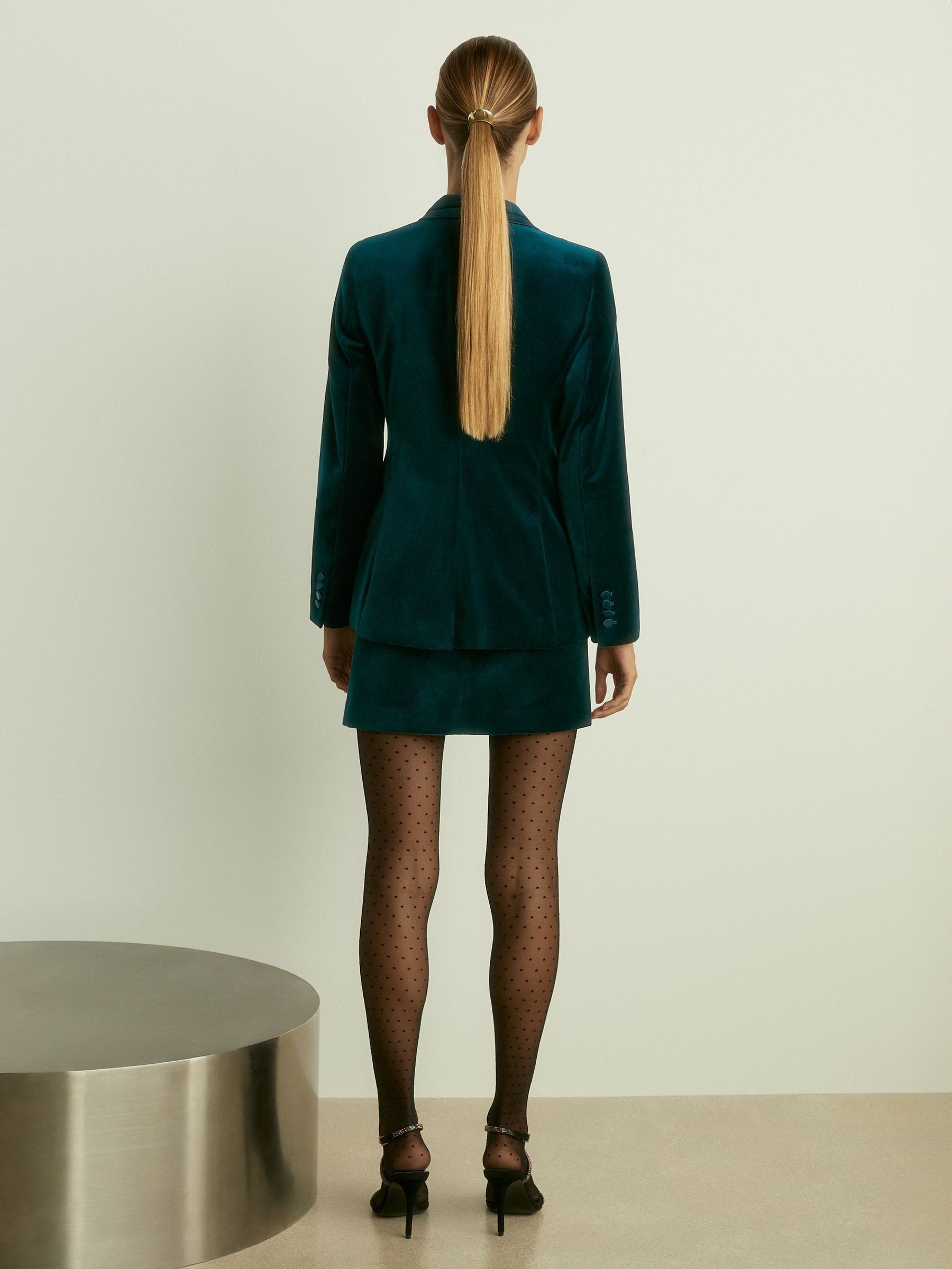 Velvet Single Breasted Suit Blazer in Teal - Image 6 of 8
