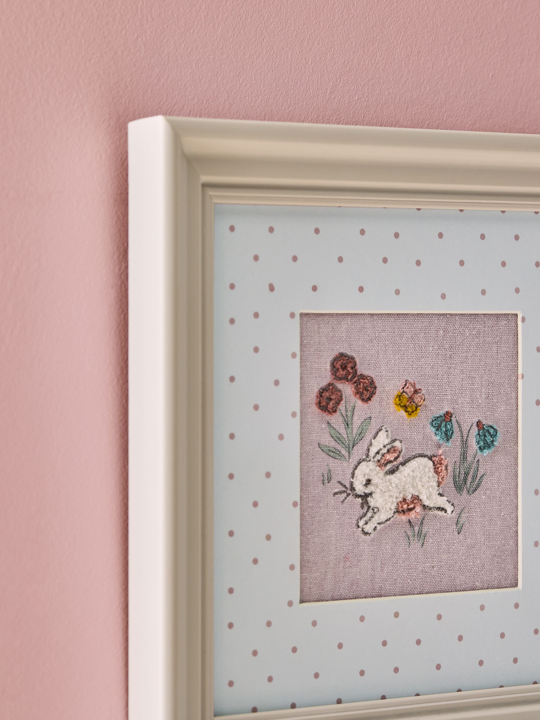 Set of 3 Pink/Cream Embroidered Betsy Bunny Meadow Wall Art - Image 3 of 4