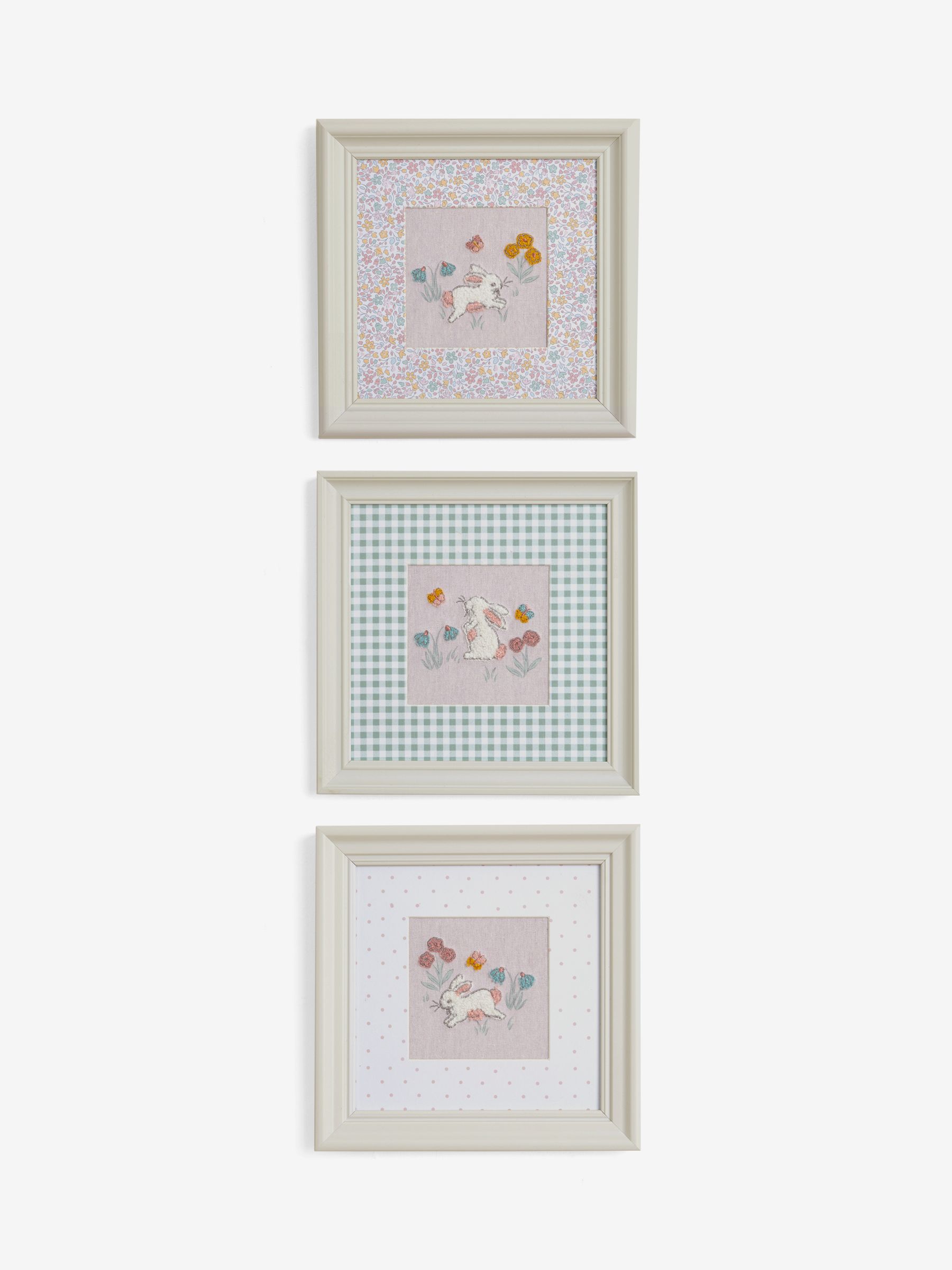 Set of 3 Pink/Cream Embroidered Betsy Bunny Meadow Wall Art - Image 4 of 4