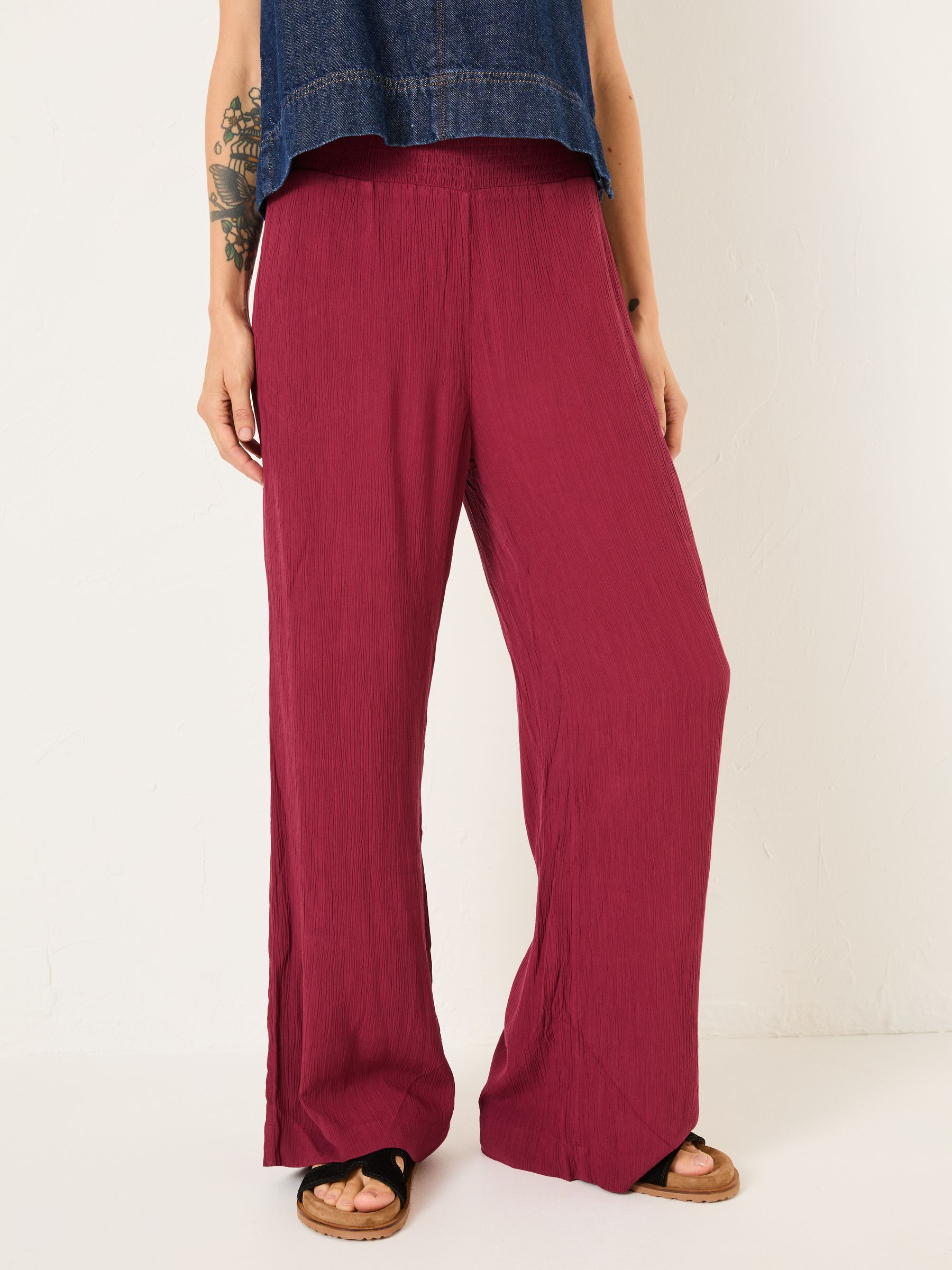 Burgundy Red Shirred Palazzo Wide Leg Trousers - Image 1 of 5