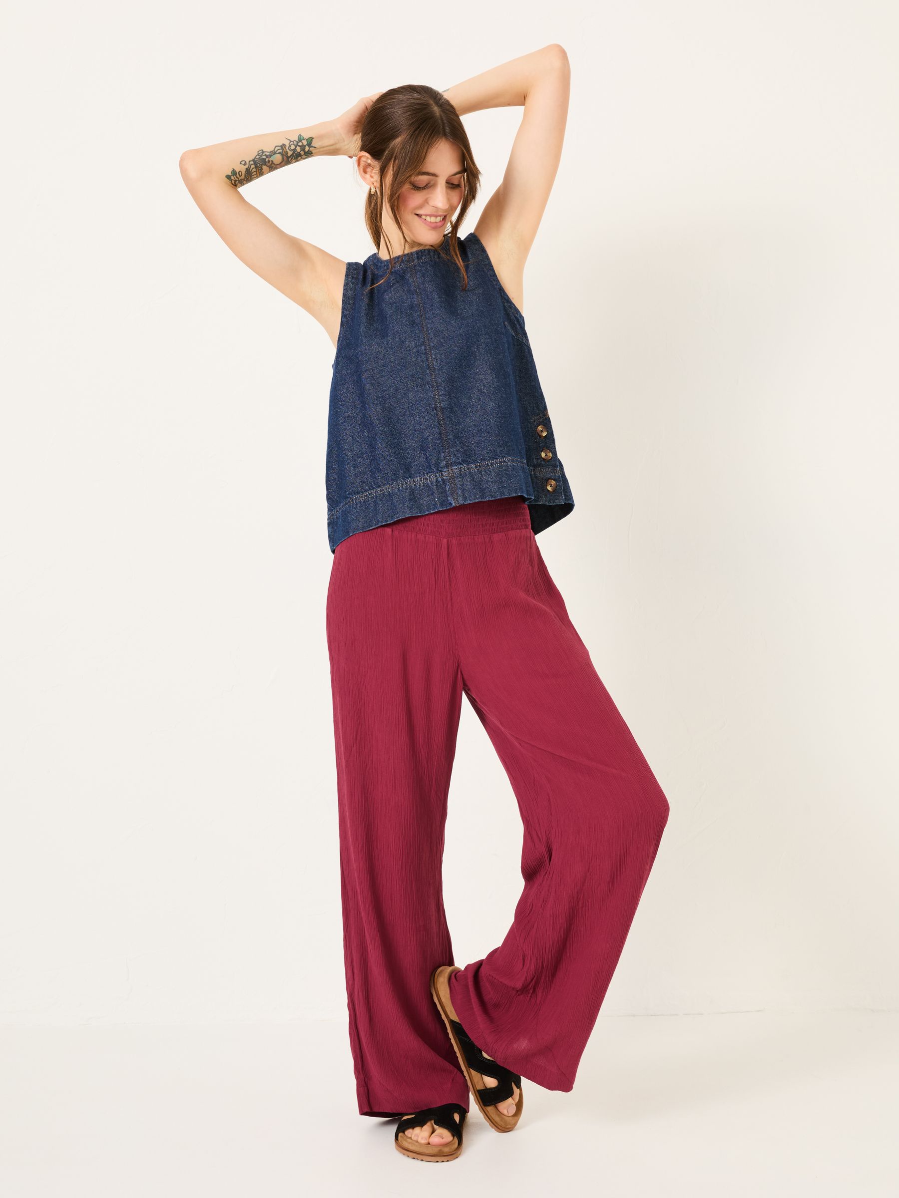 Burgundy Red Shirred Palazzo Wide Leg Trousers - Image 2 of 5
