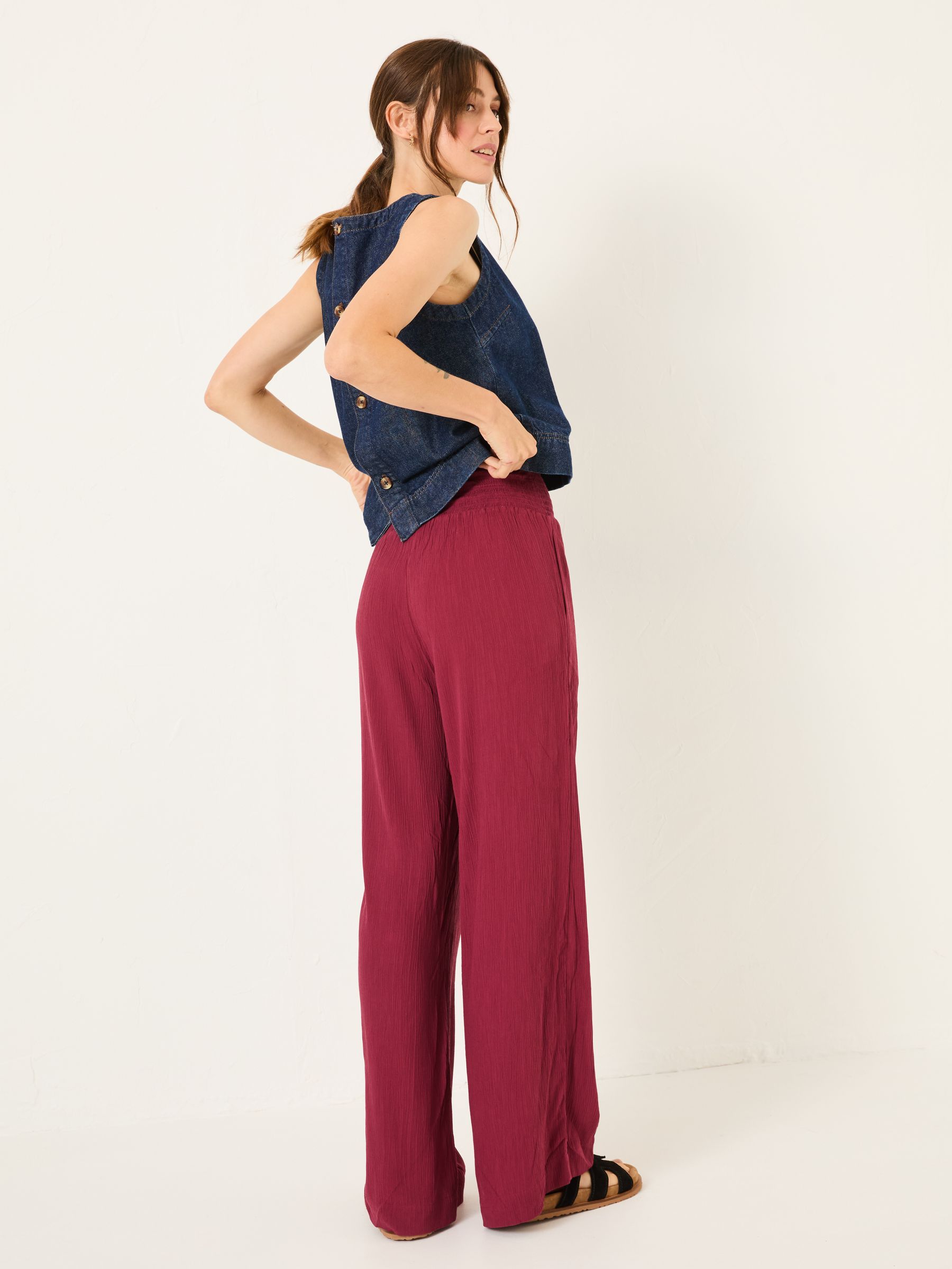 Burgundy Red Shirred Palazzo Wide Leg Trousers - Image 3 of 5