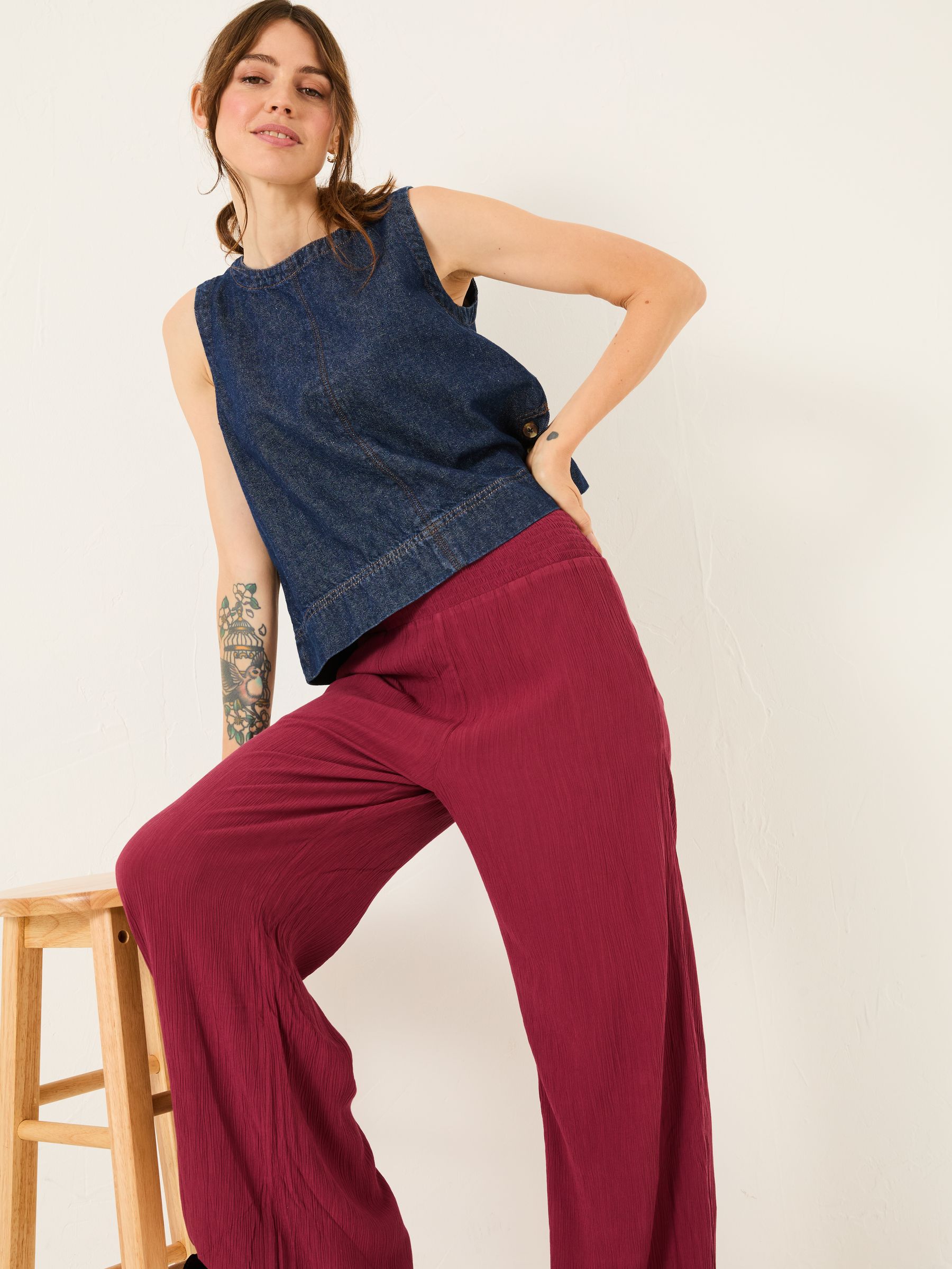 Burgundy Red Shirred Palazzo Wide Leg Trousers - Image 4 of 5