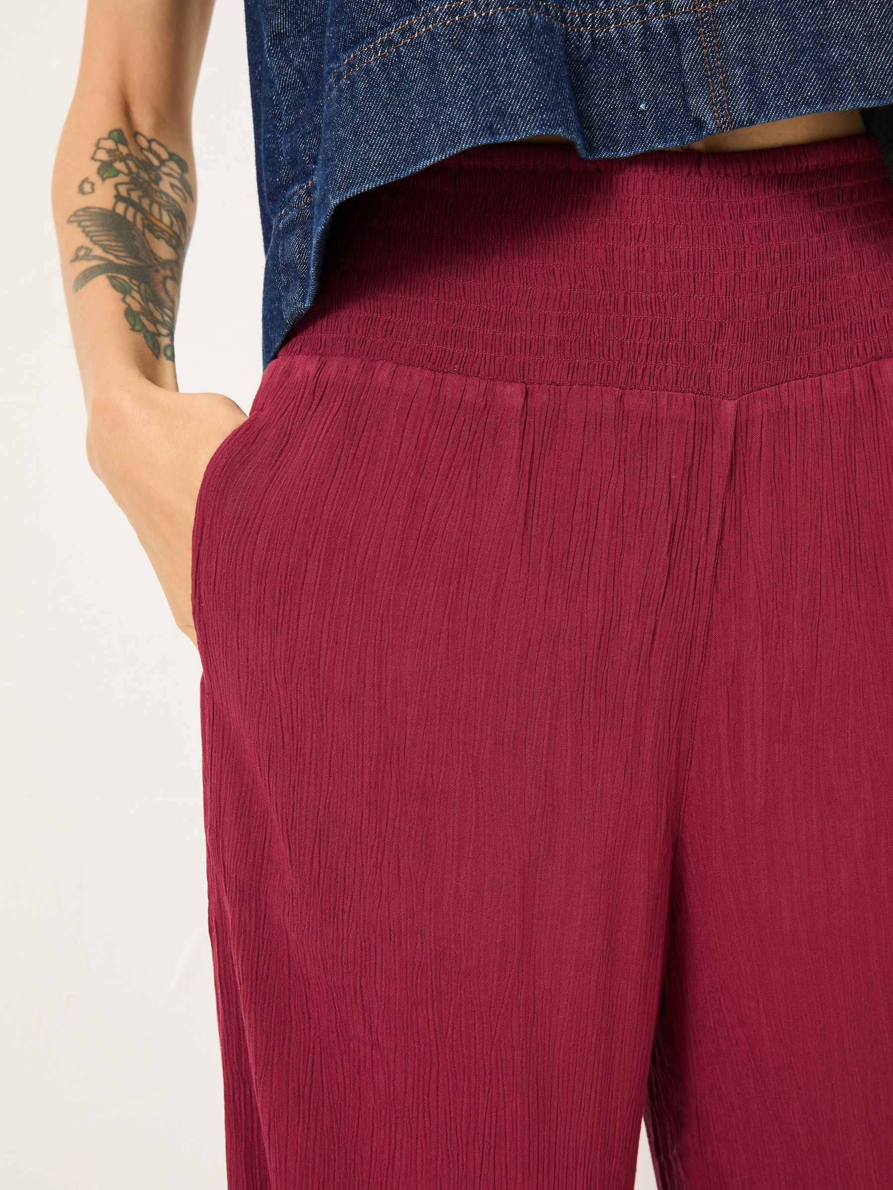 Burgundy Red Shirred Palazzo Wide Leg Trousers - Image 5 of 5