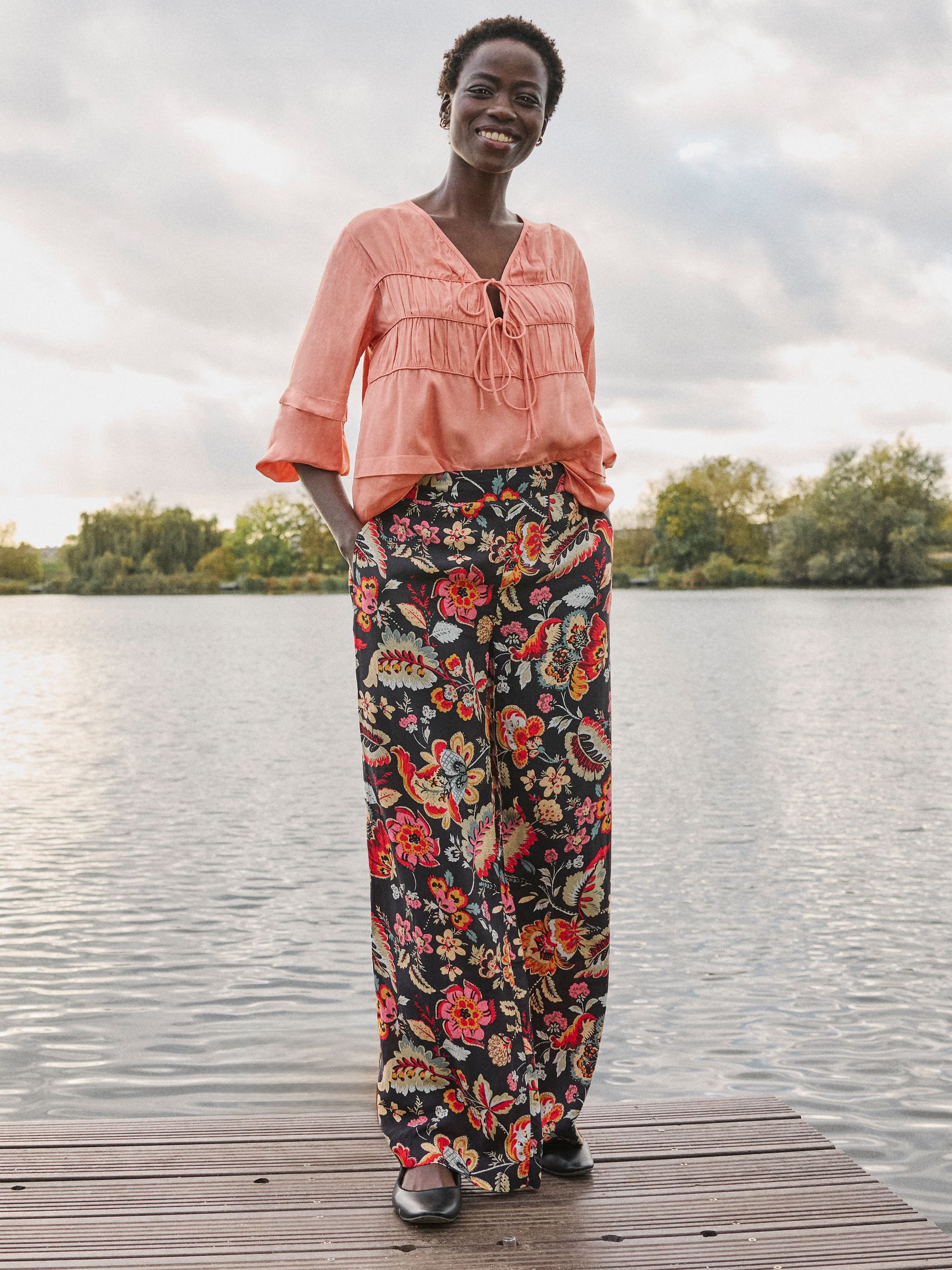 Isla Black Floral Wide Leg Trousers - Image 1 of 7