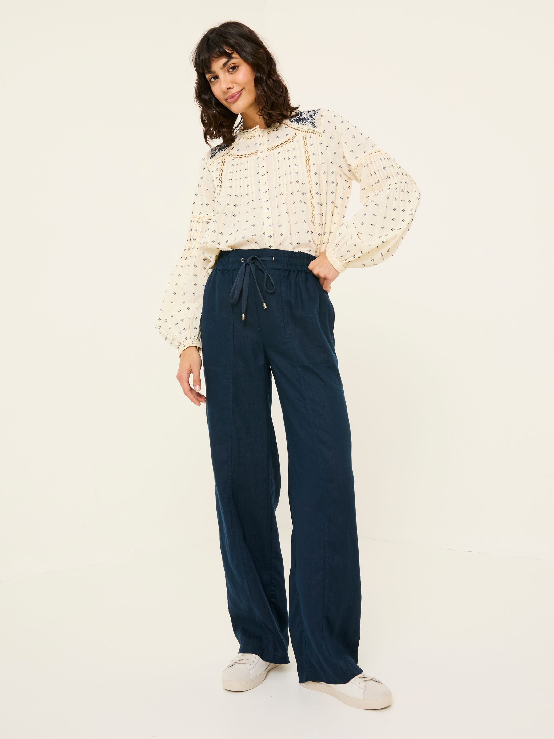 Iva Navy Wide Leg Linen Trousers - Image 2 of 6