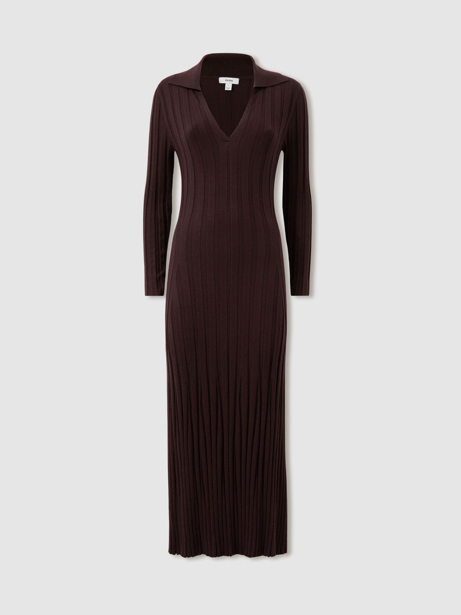 Reiss Knitted Polo Midi Dress in Burgundy | REISS