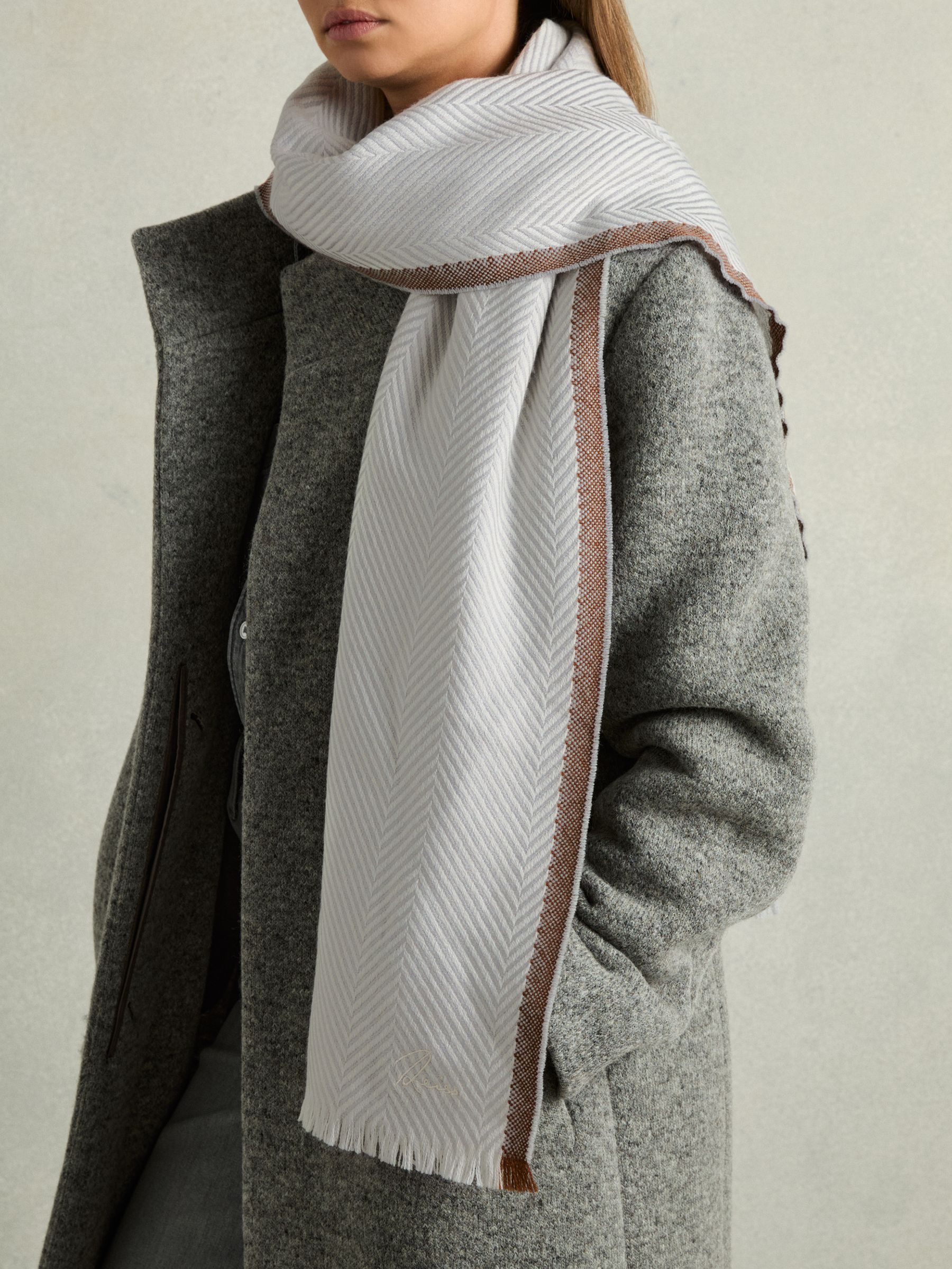 Logo-Embroidered Wool-Herringbone Scarf in Grey - Image 2 of 5