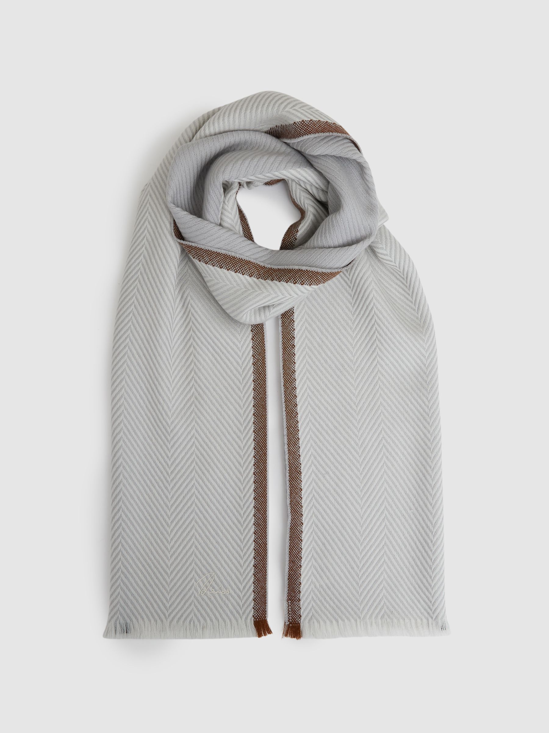 Logo-Embroidered Wool-Herringbone Scarf in Grey - image 2
