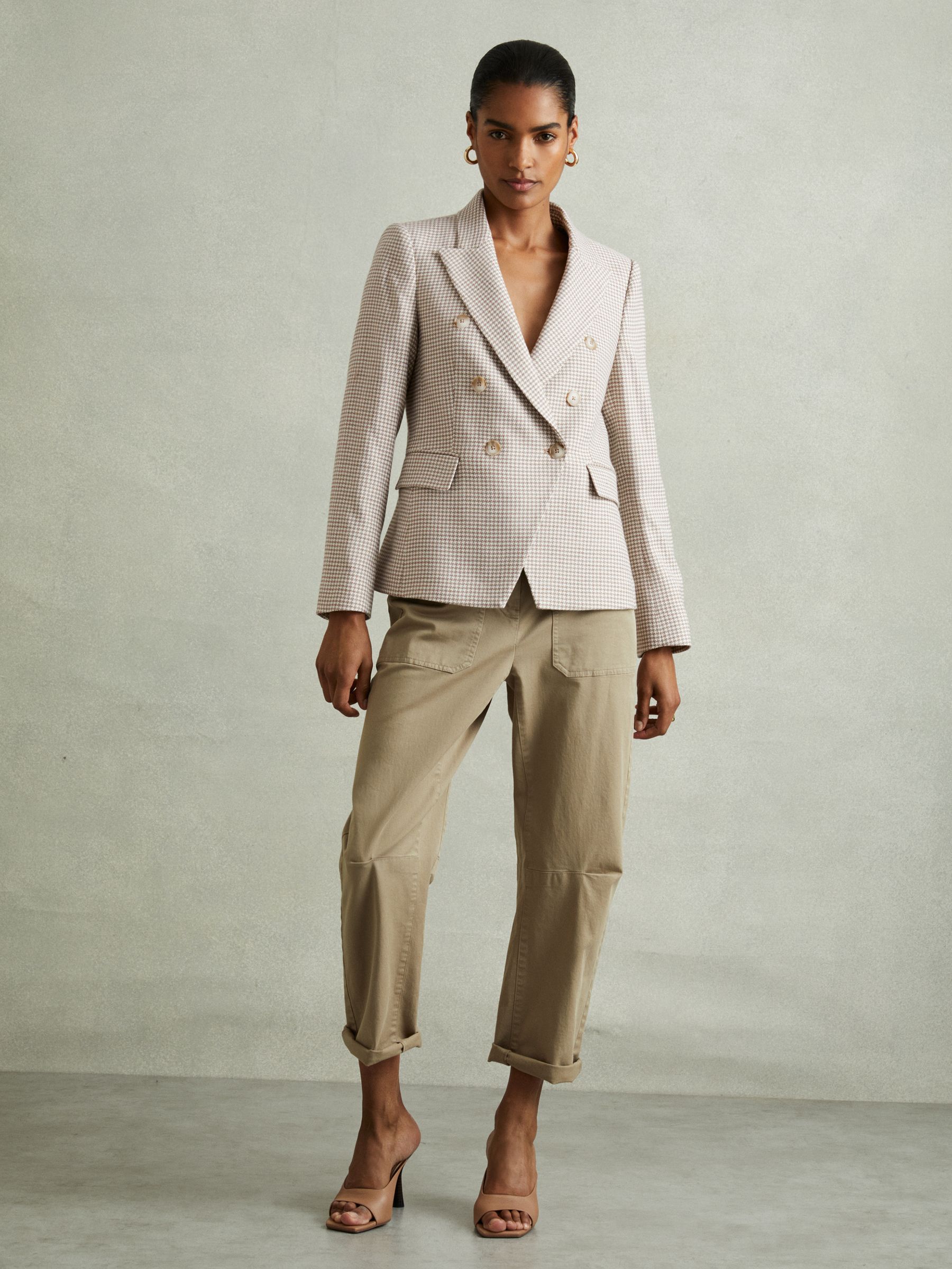 Petite Wool-Blend Double-Breasted Dogtooth Blazer in Beige Check - Image 1 of 7
