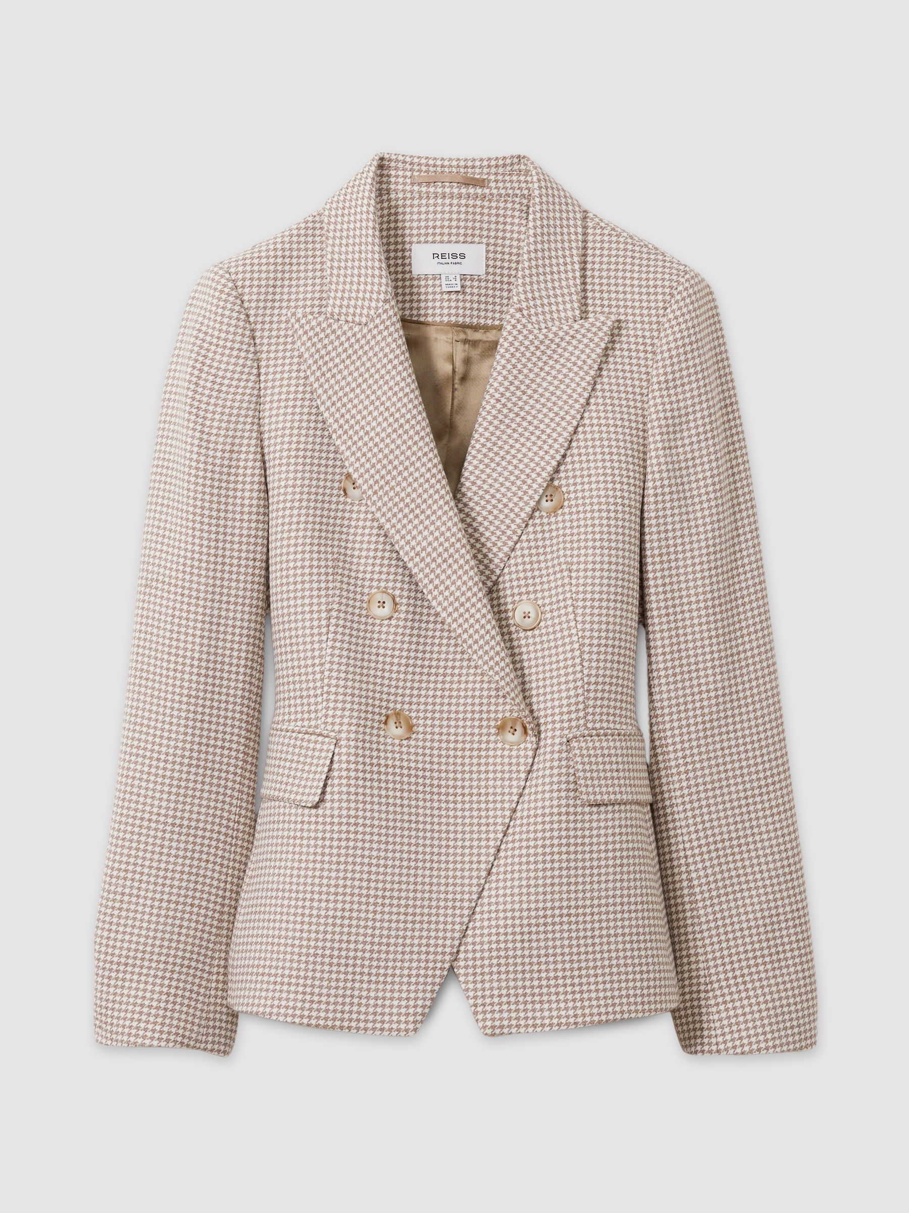 Petite Wool-Blend Double-Breasted Dogtooth Blazer in Beige Check - Image 2 of 7
