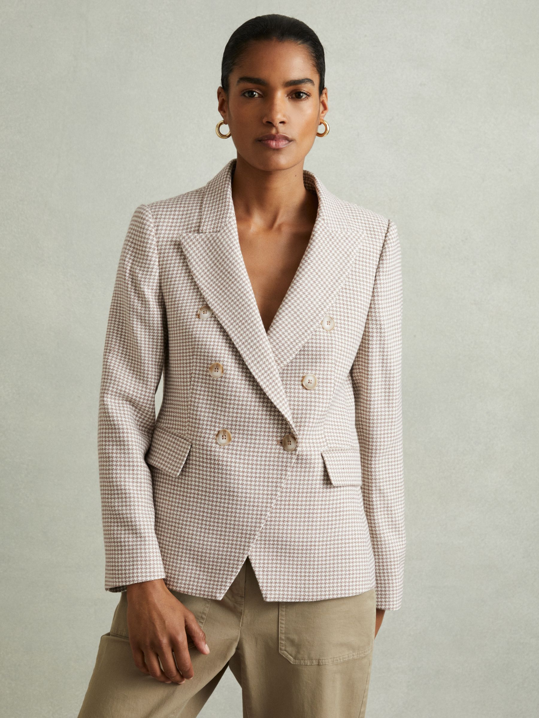 Petite Wool-Blend Double-Breasted Dogtooth Blazer in Beige Check - Image 3 of 7