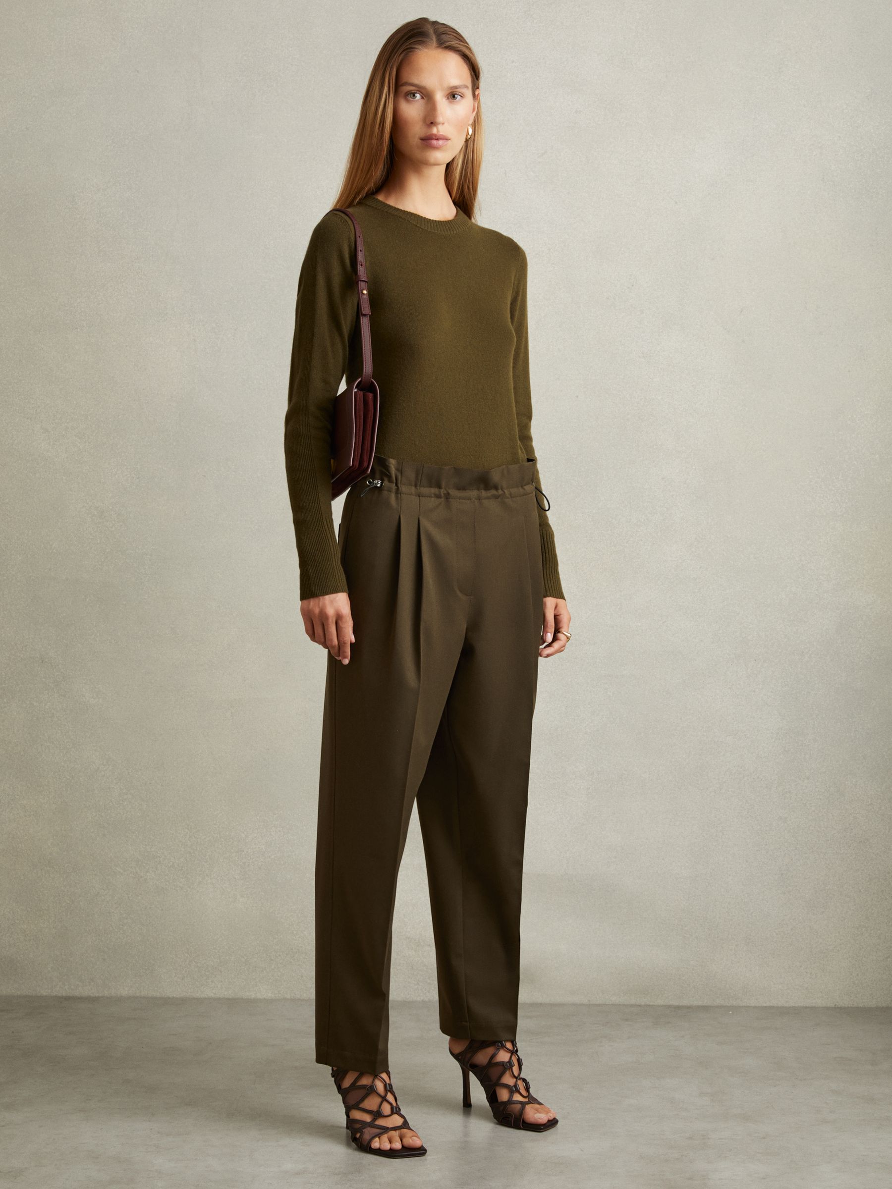 Drawstring Waist Tapered Trousers in Khaki - Image 1 of 5