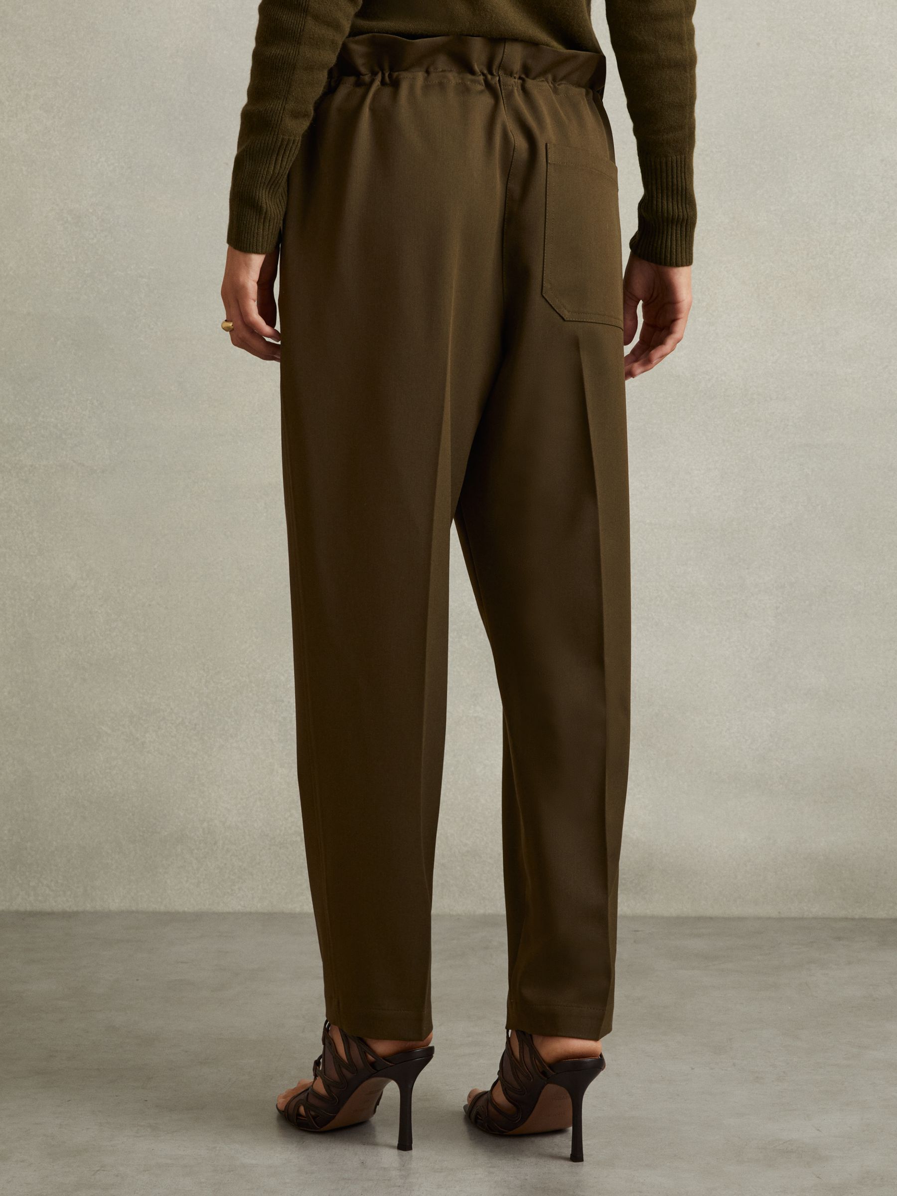 Drawstring Waist Tapered Trousers in Khaki - Image 4 of 5