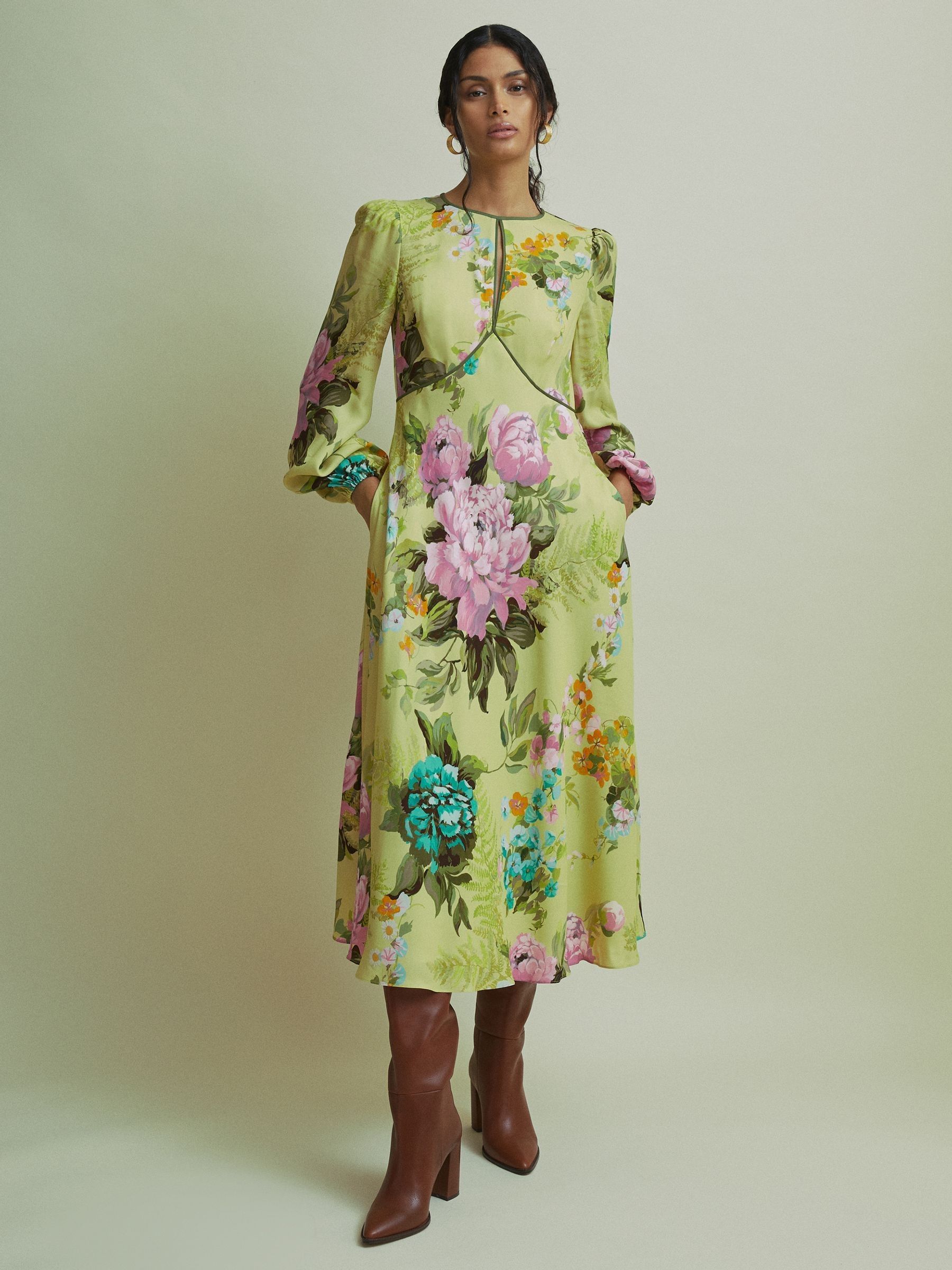 florere green dress FLORERE Long Sleeve green Tie Neck Midi Dress Florere