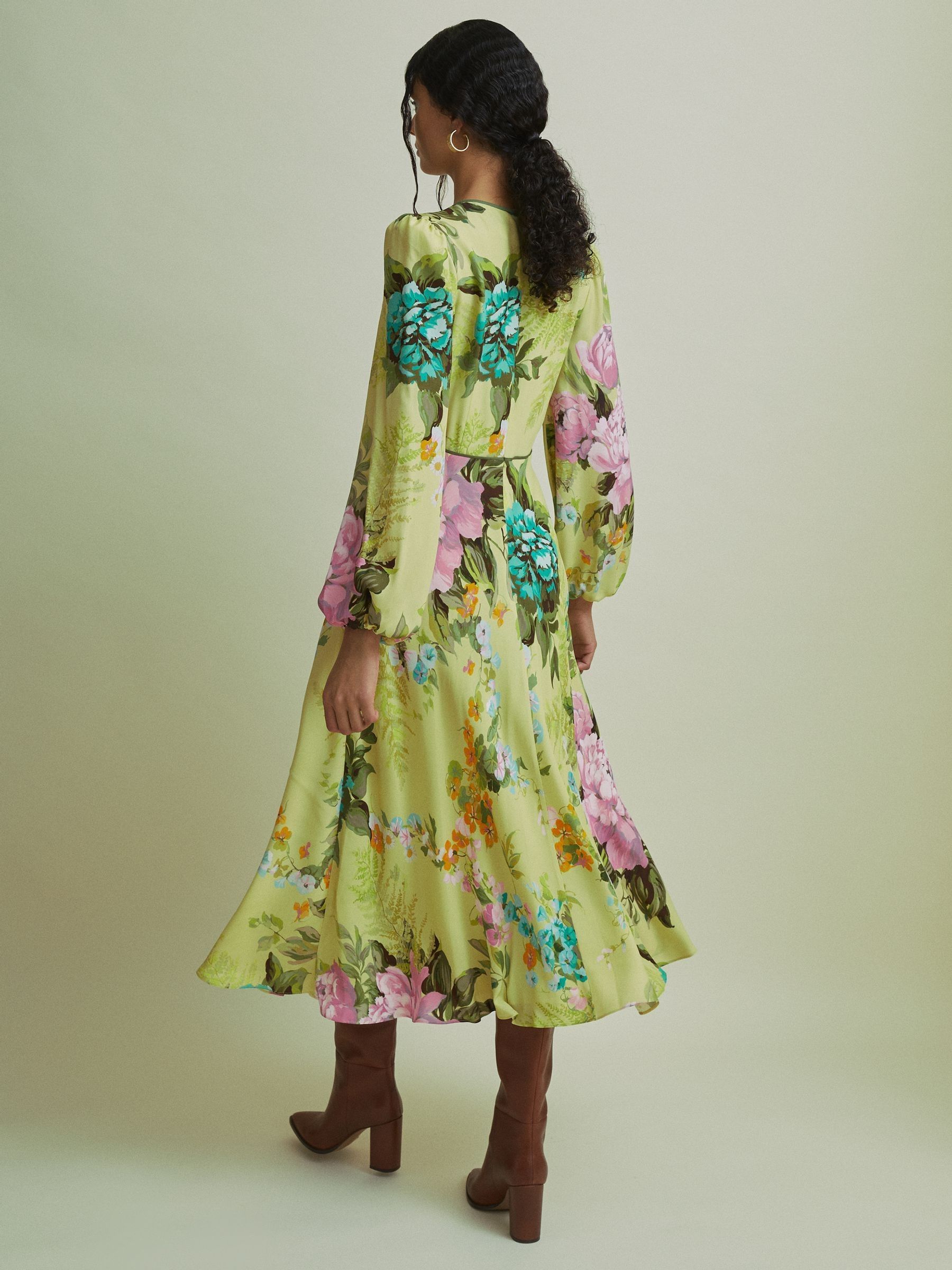 Reiss Florere Blouson Sleeve Midi Dress in Pale Green - REISS