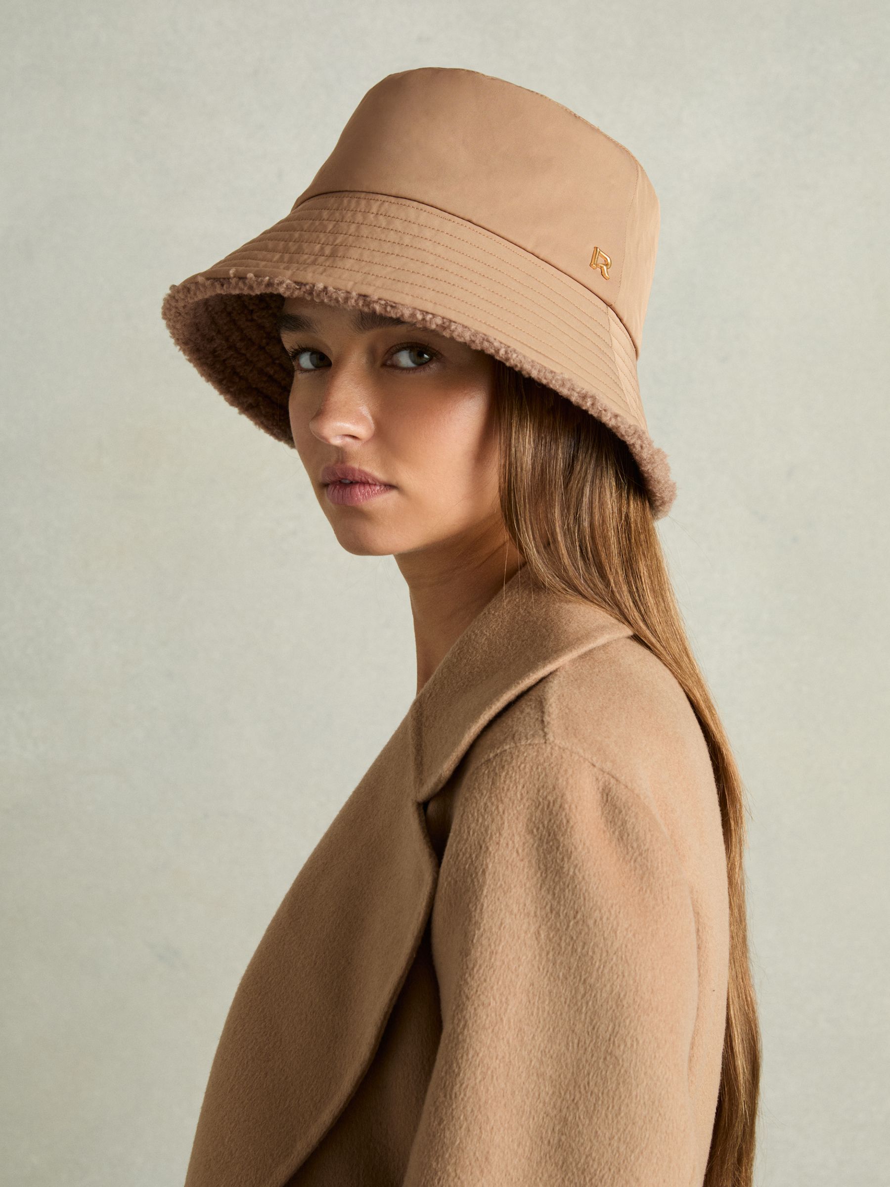 Reversible Fleece and Twill Bucket Hat in Taupe - Image 2 of 4