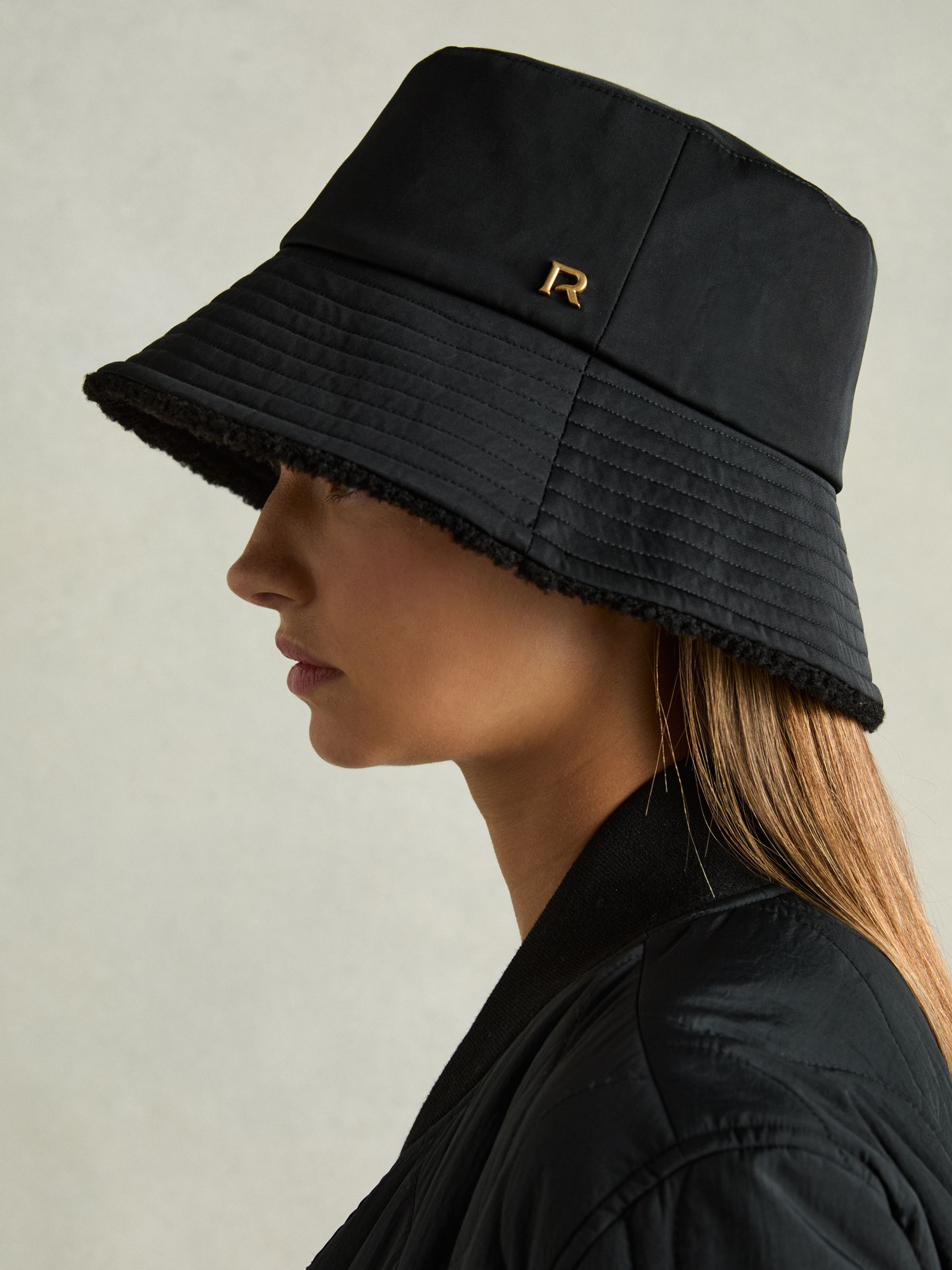 Reversible Fleece and Twill Bucket Hat in Black - Image 2 of 4