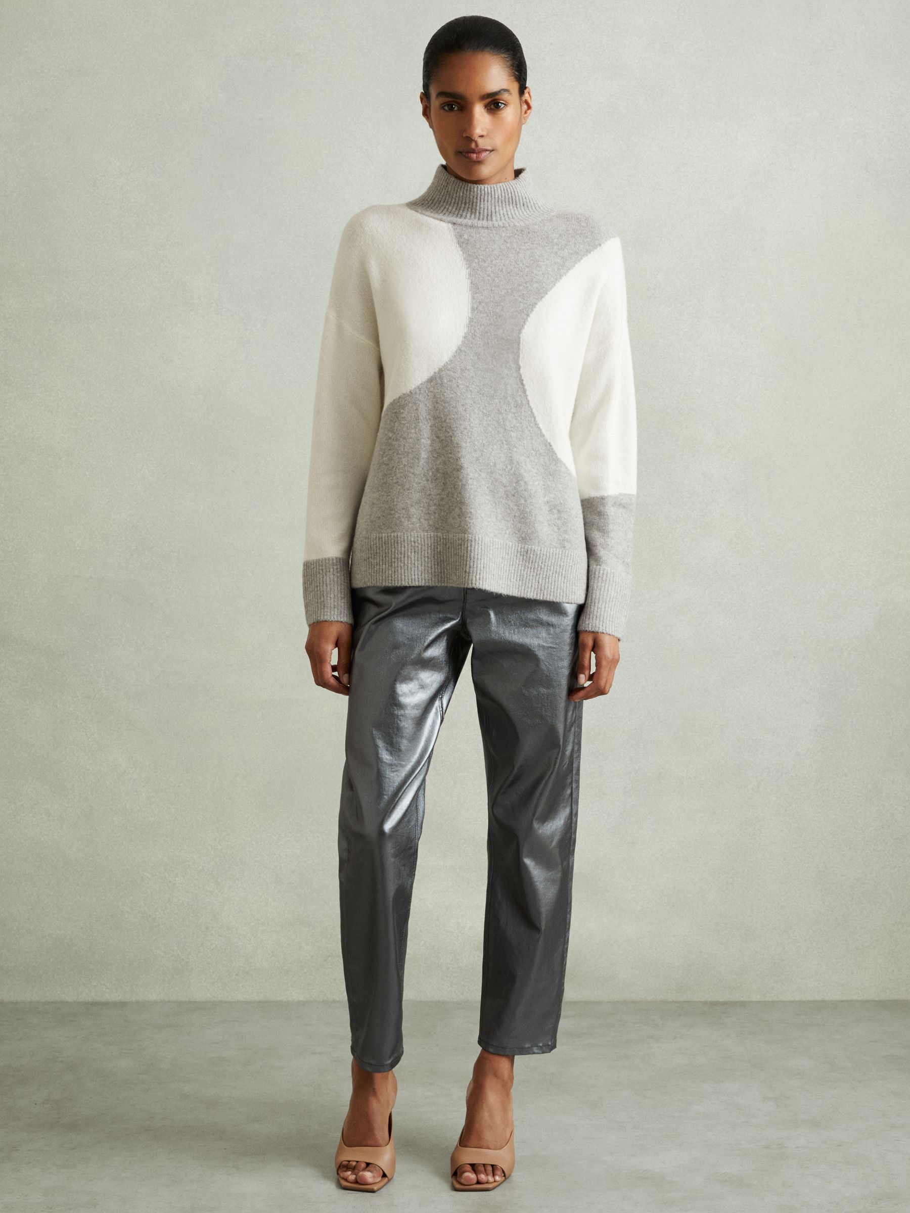 Colourblock Roll Neck Jumper in Ivory/Grey - Image 3 of 6