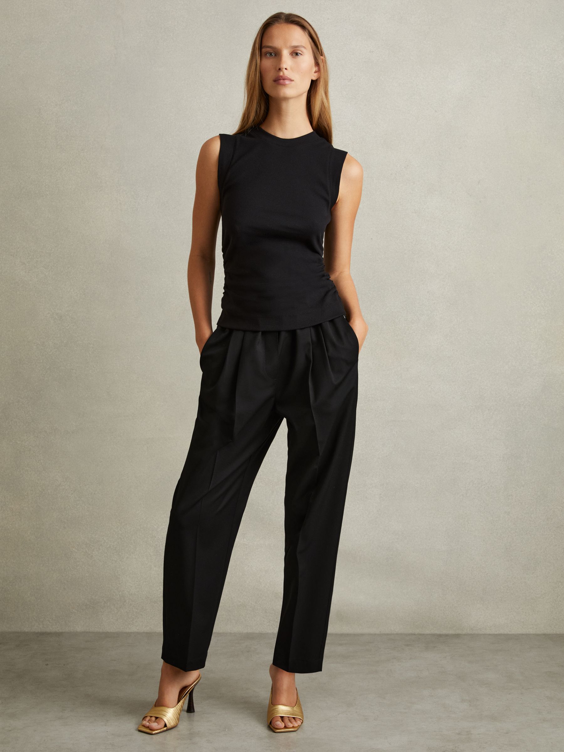 Drawstring Waist Tapered Trousers in Black - Image 1 of 5