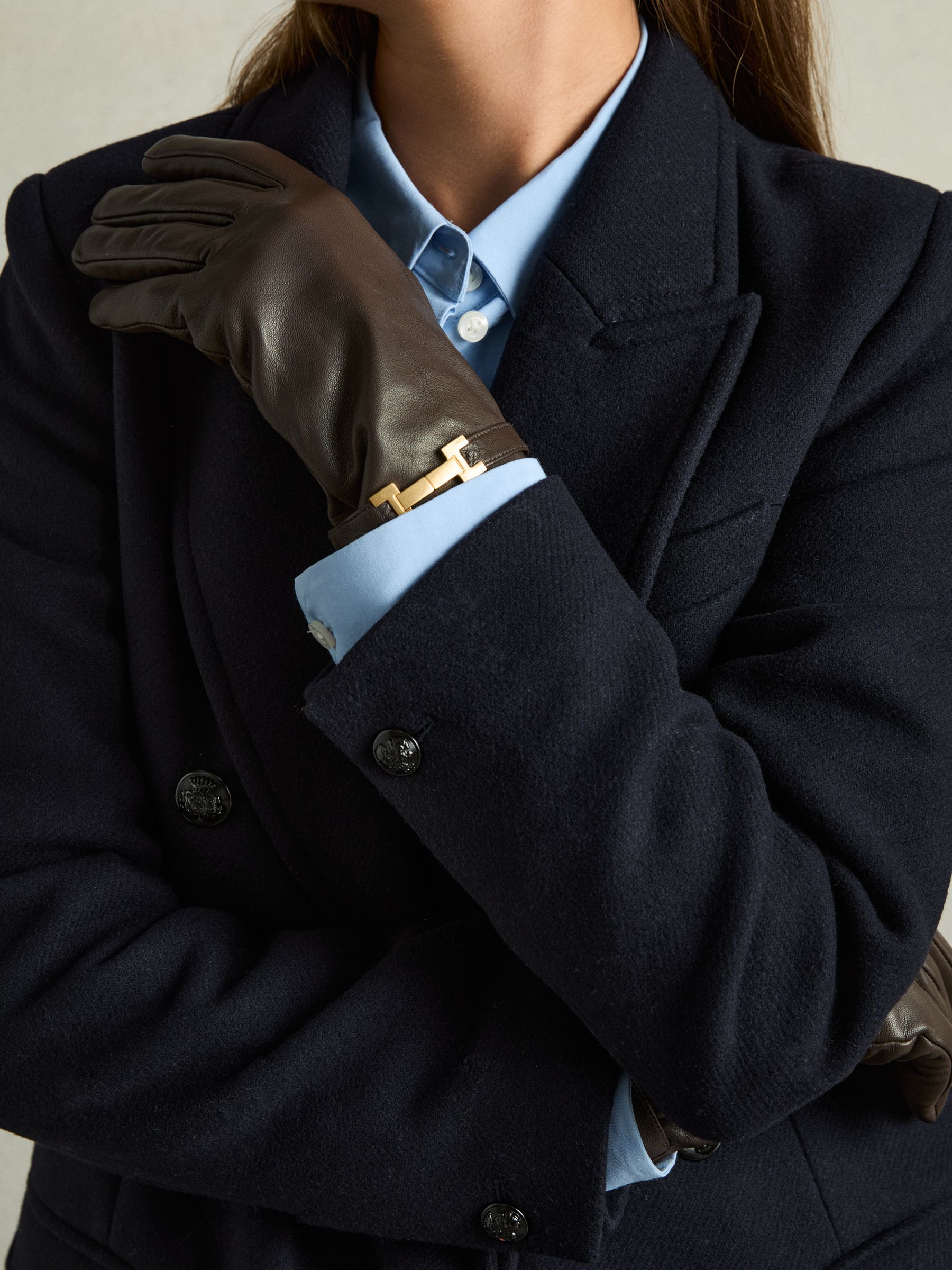 Leather Hardware-Embellished Gloves in Chocolate - Image 2 of 3