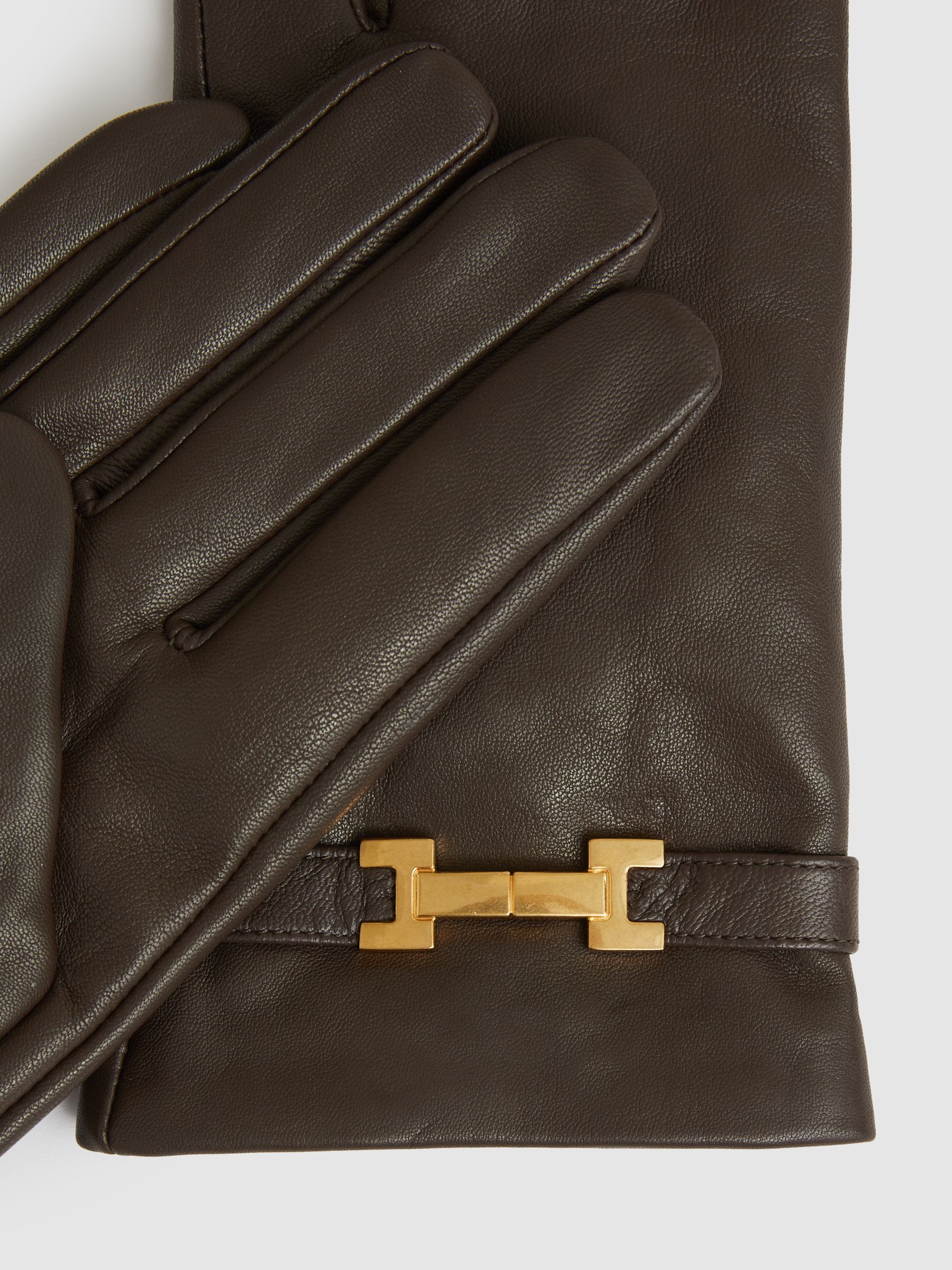 Leather Hardware-Embellished Gloves in Chocolate - Image 3 of 3