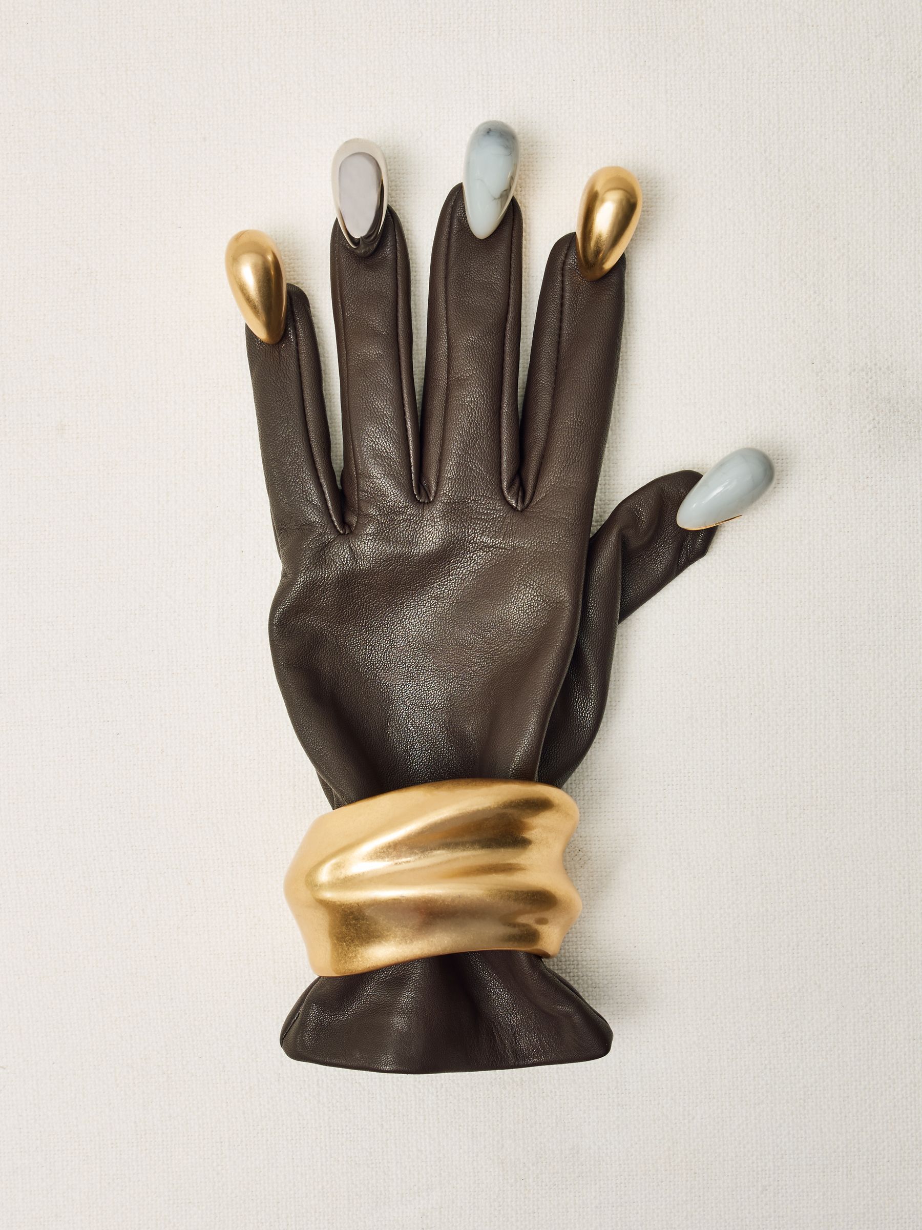 Leather Hardware-Embellished Gloves in Chocolate - Image 4 of 4